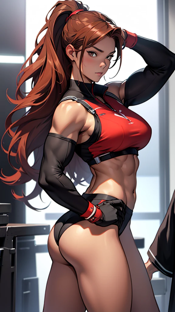 Beautiful girl in black going to high-school detailed muscles realistic masterpieces full figure pose (best quality,ultra-detailed), red-haired girl, brown eyes, fair skin, fit body, slim figure, narrow waist, large buttocks, (confident expression), high school background on Earth