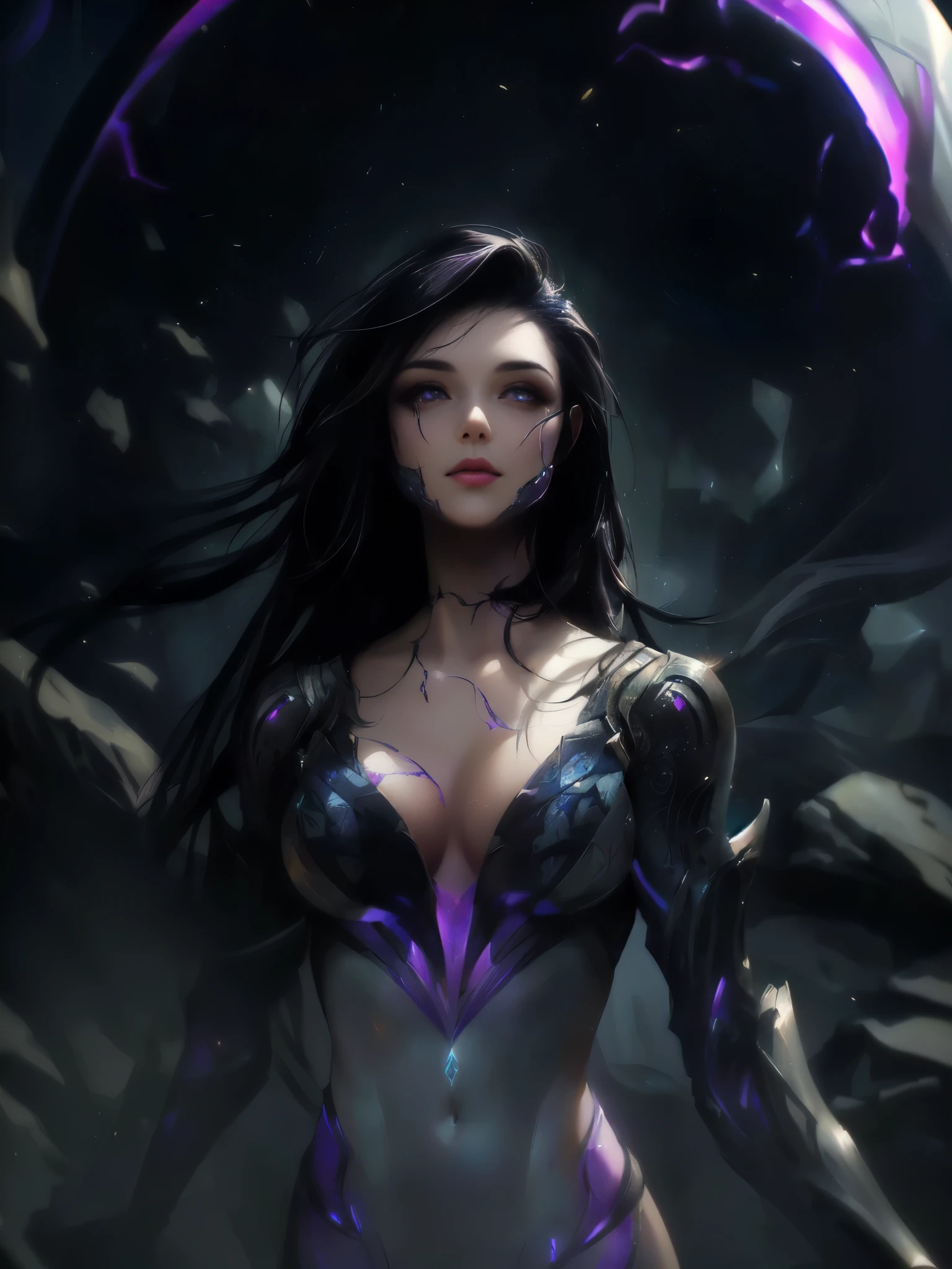 a close-up portrait of a woman with a purple glow on her face, beautiful detailed eyes, beautiful detailed lips, extremely detailed eyes and face, longeyelashes, concept art, digital art, fantasy, epic fantasy, 4k, high quality, hyperrealistic, highly detailed, league of legends concept art