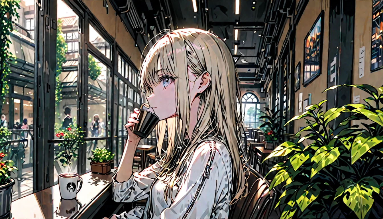 arcology, futuristic, clean, day, dense urban population, indoors, hallway opening into a grand indoors garden, everyday life, cute girl sitting at a cafe, drinking coffee, close up