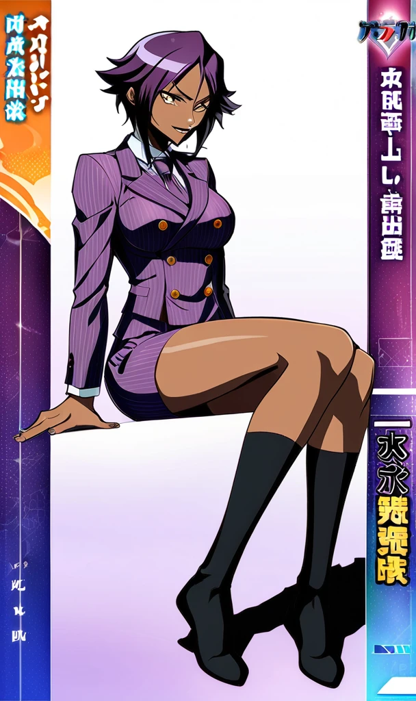 Full body Yoruichi as a thin Black business woman in a double breasted pinstripe purple skirt suit while wearing a tie with a long purple pinstripe skirt and with long black knee socks full art and make her sit down also give her thin legs