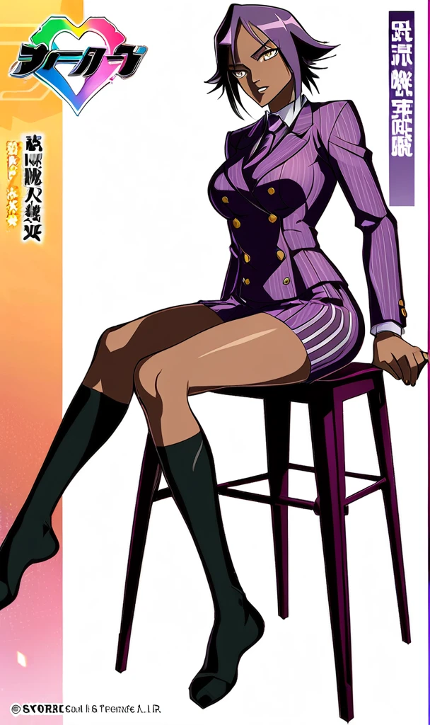  Full body Yoruichi as a thin Black business woman in a double breasted pinstripe purple  skirt suit while wearing a tie with a long purple pinstripe skirt and with long black knee socks full art and make her sit down also give her thin legs