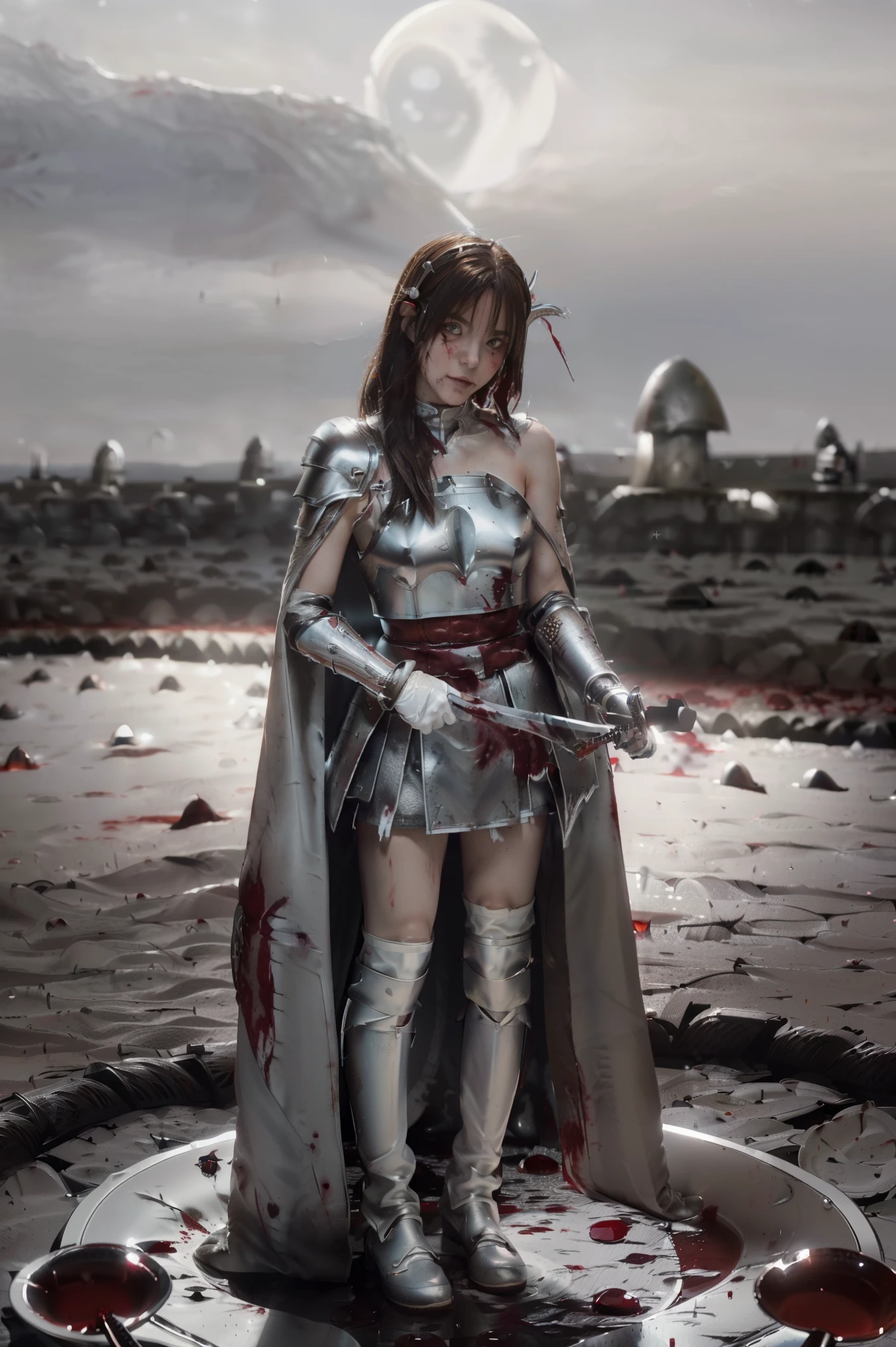 8k,(asuna(Star): 1.6),a girl, standing alone,(Perfect Anatomia:1.43), (medium hair:1.55) ,(Half-up:1.45),bangss, eyes browns,thin eyes,(sad smile:1.3),white thigh highs,(chestnut hair:1.6),boots soaked in blood,(18 years old:1.5),whole body,(fusion of bloody white silver full armor and blood-soaked long cape:1.63),(bared shoulders:1.5),(mini-skirt:1.26),(holding a blood-soaked rapier:1.43),(standing on the battlefield of the pool of blood in the moonlit night:1.52),fancy,(blood effect:1.53),ass pov,vision at eye level,(projected shadow:1.21)