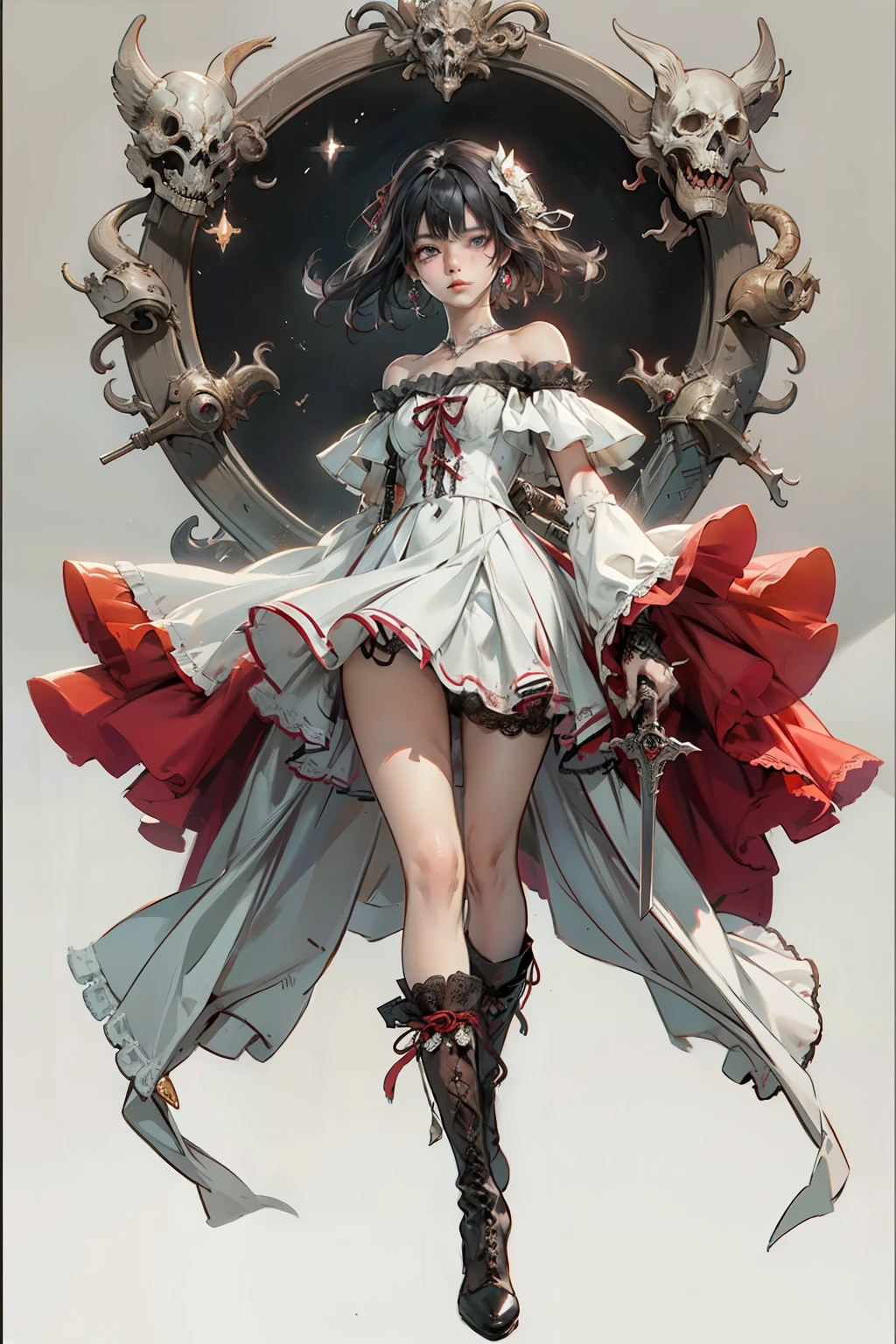 ((best quality)), ((masterpiece)), (detailed), blank white background, plain background, white background, off the shoulder, off shoulder, red and white clothing, Bloodborne inspired, occult aesthetic, occult, detailed and intricate steampunk and detailed gothic, NSFW, Very dramatic and cinematic lighting, cosmic horror, grim-dark, side-lighting, perfect face, NSFW, Fluttering lace flared long knee length dress with frilly petticoats, knee length dress, pleated petticoats, ta dress, petticoats gothic lolicomplex lace boots, side-lighting, gothic lolita aetic, wielding a mighty sword, carbine, NSFW, beautiful small breasts, small breasts, full body, whole body, body, plain background, white background, blank background, no background, white background NSFW, full body, whole body, head-to-toe NSFW