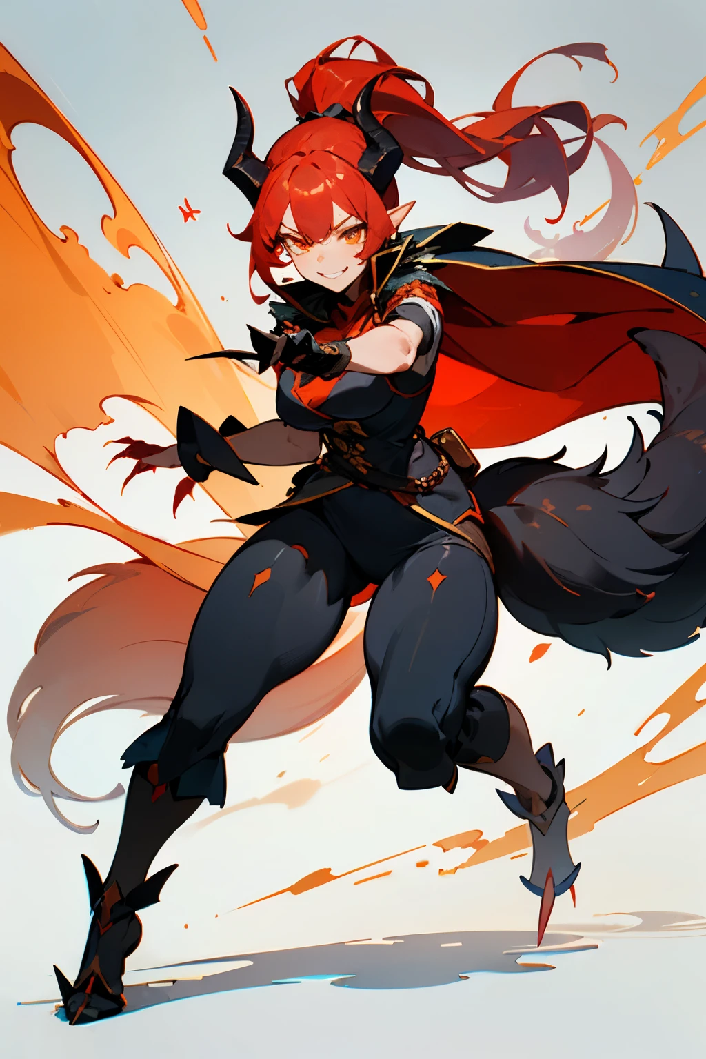 ((Medieval Fantasy half Dragon Woman Assassin)), ((long and sharp nails)), ((radiant orange eyes)), (long and thick Red hair, on a up ponytail), (leather elegant pirat captain clothes), ((athletic and sensual figure)), (mocking sensual smile expression), ((two small black-red horns)), ((long and thick black-red wolf tail)), (black-red cape), (height 175 cm), ((Dynamic attack pose)), ((best quality)), ((masterpiece)), (detailed), ((Perfect detailed face)), ((Full body)).