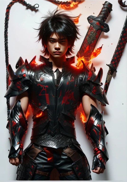 (ultra realistic,32k, masterpiece:1.2),(high detailed skin:1.1),( high quality:1.1),
1boy,(caucasian european), black hair, with cyberpunk samurai armor, cute, 18 years old, european caucasian), beautiful decourations, 8k, uhd, masterpiece, katana in the back, kanjis, (metal black armor with red and orange decourations), fire themed armor, light effects