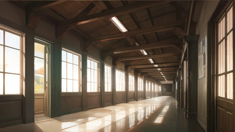 (masterpiece), best quality, ultra detailed, anime background, day, sunlight, school, hallway, Japanese high school