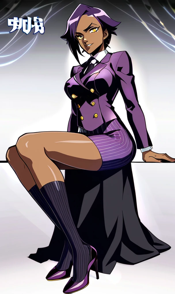 Full body Yoruichi as a thin Black business woman in a double breasted pinstripe purple skirt suit while wearing a tie with a long purple pinstripe skirt and with long black knee socks full art and make her sit down also give her thin legs and purple heels