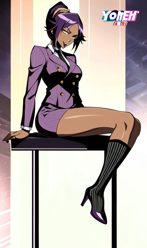 Full body Yoruichi as a thin Black business woman in a double breasted pinstripe purple skirt suit while wearing a tie with a long purple pinstripe skirt and with long black knee socks full art and make her sit down also give her thin legs and purple heels