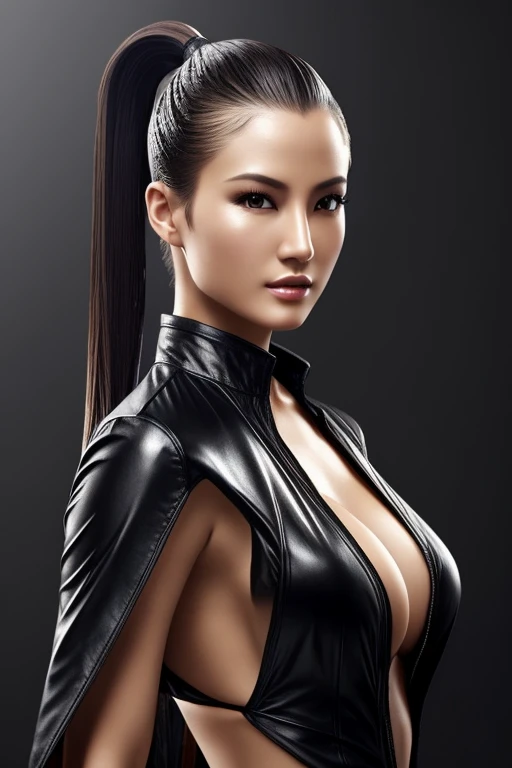 Gorgeous european woman with very short straight hair, ponytail, wet hair, hair slicked back, combed straight back, slick hair, streaked caramelblonde hair, seductive, dressed as julia chang from tekken, cleavage, solid dark grey background