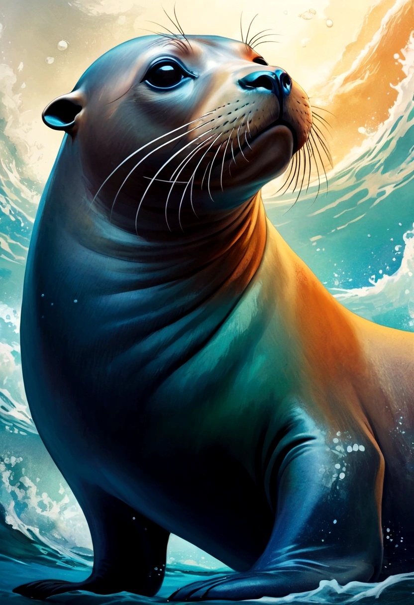 Resistant sea lion, stubborn stubborn look, fond banquise instable ::2 colorful ink painting ::2 art fantasy