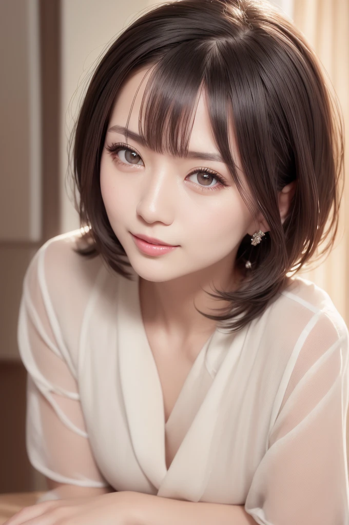 for website about beauty serum, somewhat intelligent look, res dress, best quality, highly detailed, ultra detailed, high resolution, absurdres, straight-on, a so beautiful japanese woman, 32 years old, applying beauty serum, looking at camera and smiling, minimalist white background, highly detailed, photorealistic, glowing skin, sophisticated, elegant, beautiful detailed eyes, beautiful detailed lips, extremely detailed eyes and face, long eyelashes, beautiful short black hair, warm smile, natural lighting, photorealistic, 8k, high quality, detailed portrait, elegant, refined, intellectual, key Light,close_up, lying down, like so young,without shadow