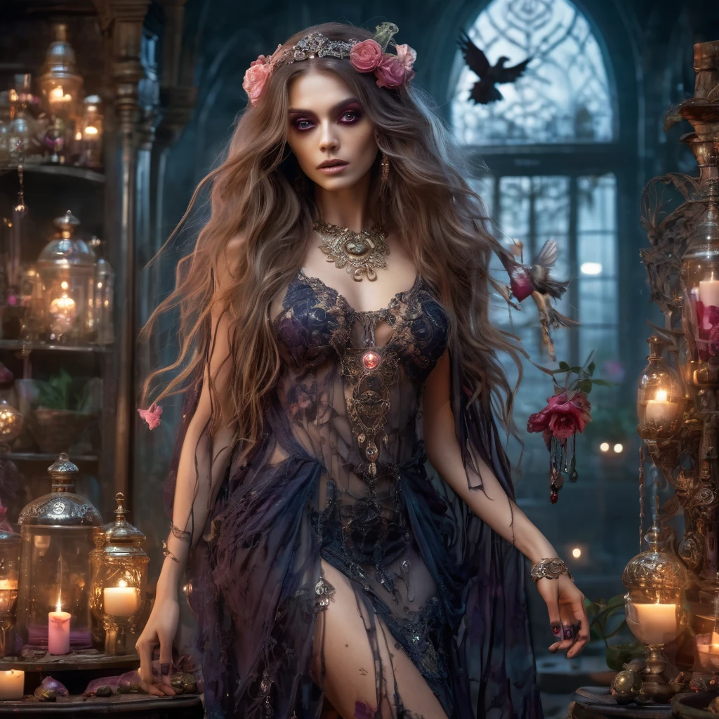 topless zombie girl, long bloody hair, seductive eyes, mysterious expression, mature appearance, charming sheer dress, flowing short dress, elegant jewelry, intricate decoration, magic symbols, glowing accessories, potions, scrolls, cute accents, bows, ribbons, flowers, birds, skeleton