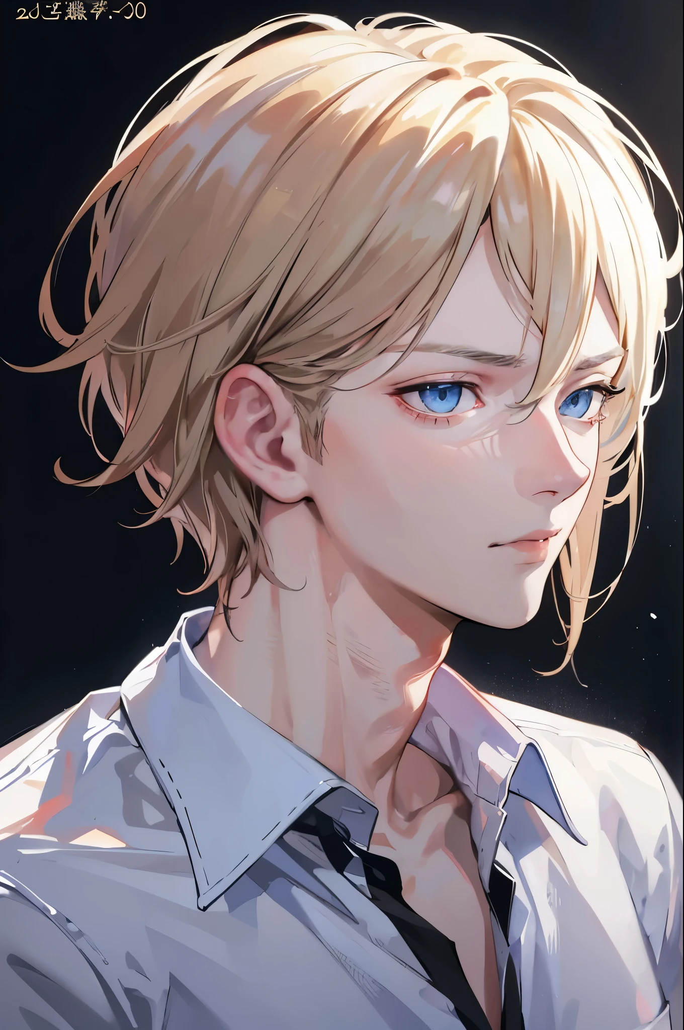 1 male, Handsome man、gentleman、Perfect body half,(Face Focus:2), (profile:1), (Short blonde,Chin-length hairstyle) , (blue eyes、Realistic eyes,Sharp and fierce eyes) Sexy Face, (Men's White Shirts, Half-open button) Black trousers, sexy sitting (Background of Tokyo Gang) 8k, High Quilt, Realistic, Canon 1:1, 50mm size, 3D, beautiful Realistic، Cool details, RAW Photos, Self Snap, Realistic shirt, Realistic hair, Light and cool lighting, photo Realistic, Cel Shading, Gel lighting, Very detailed