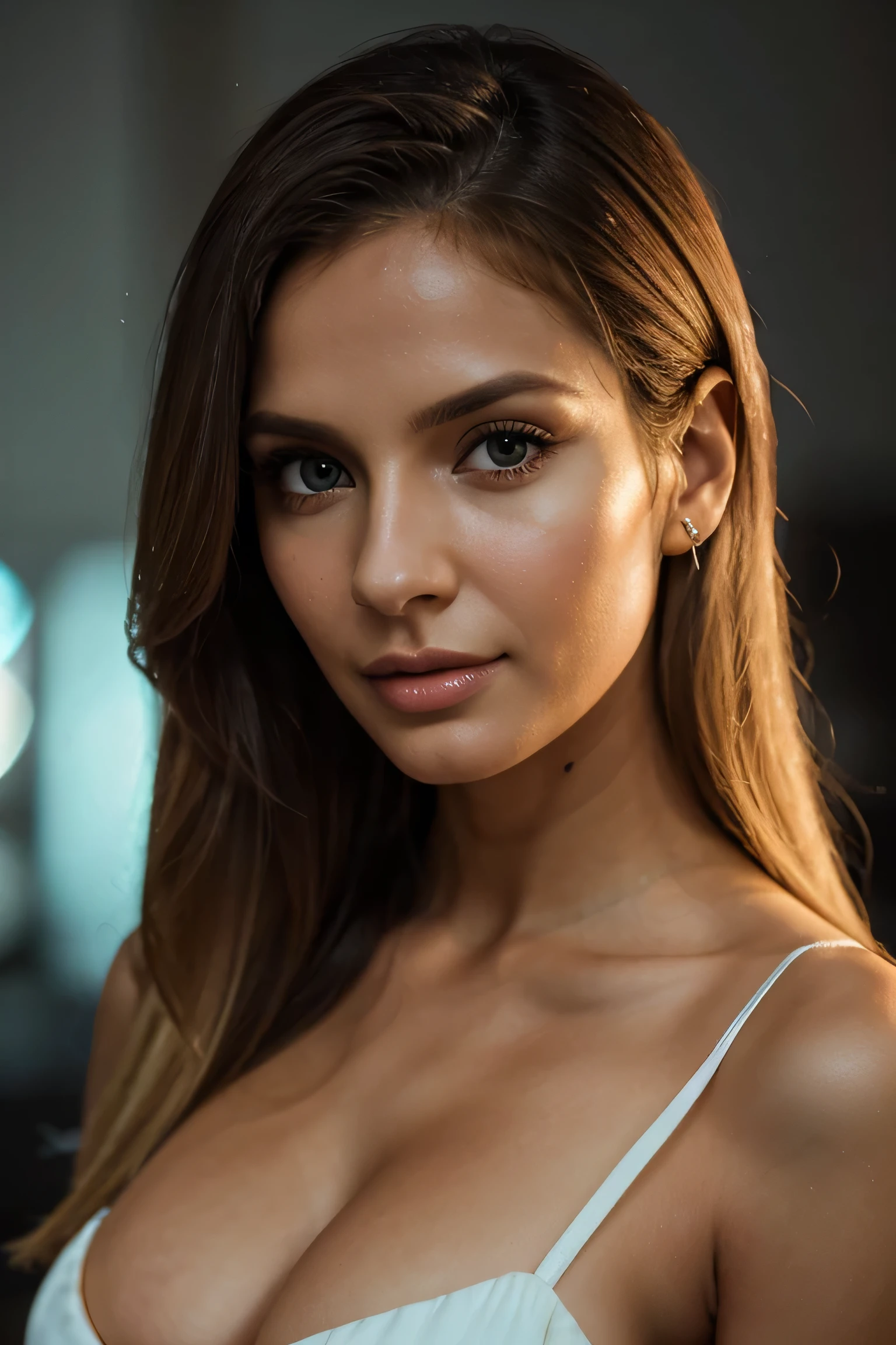 a (Brazilian:1.1) woman named Cassia Maia Canto, (29-year-old:1.3), long dark-blonde balayage, trim physique, (busty:1.2) chest, 160cm, cyan wrap dress, detailed face, beautiful detailed eyes, beautiful detailed lips, extremely detailed face, long eyelashes, photorealistic, ultra-detailed, 8k, high quality, masterpiece, realistic colors, soft lighting, cinematic composition, elegant, fashion portrait