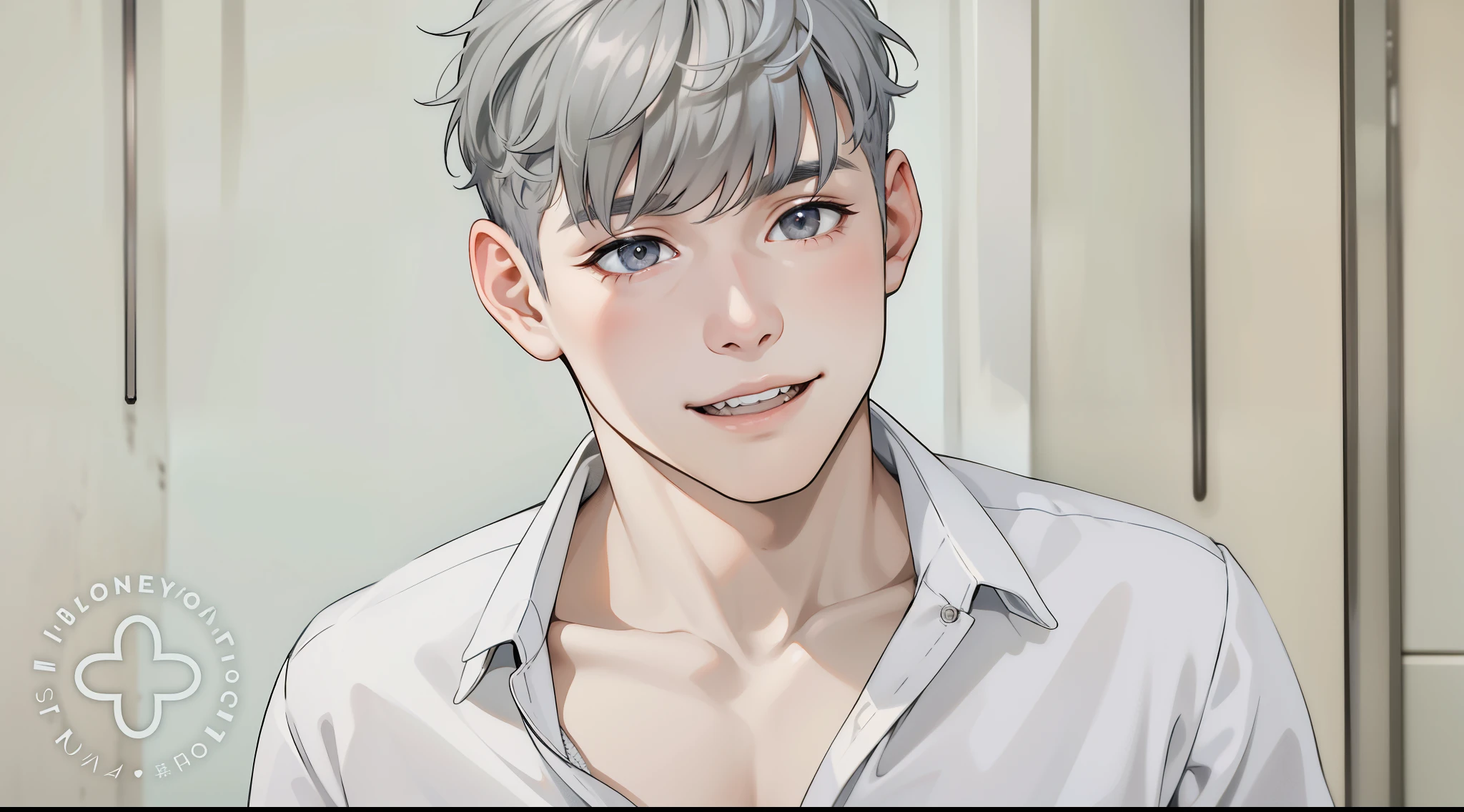 cute 18 year old boy, gray eyes, gray hair, smile and mischievous look, he is talking with joy, he asks questions, a little amazed