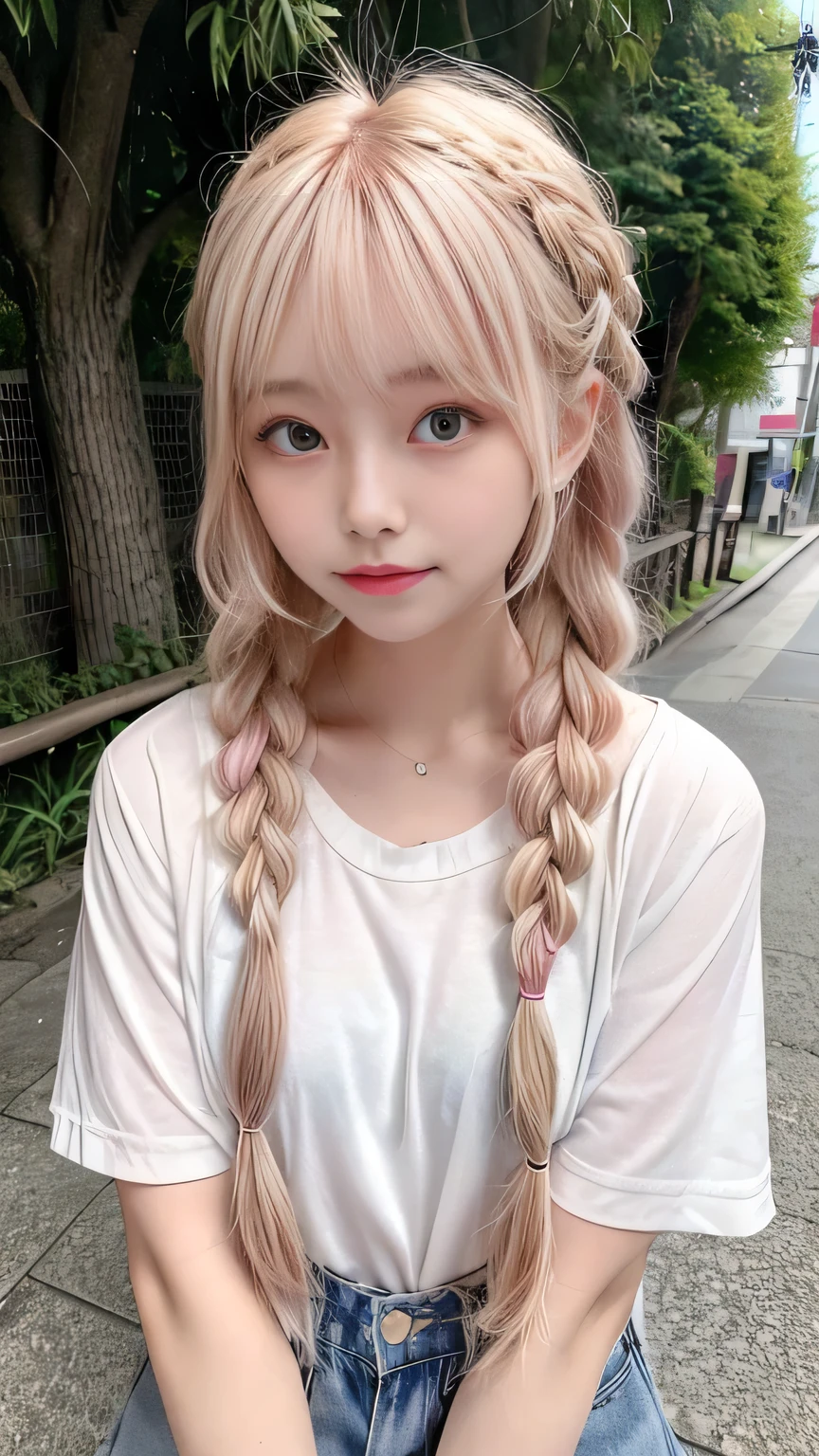 Pale, tanned skin、Sunburn marks on tanned skin、Multicolored Hair、Pink Hair,blonde,Platinum Hair,Brown Hair、A cute 20-year-old girl with a cute look, A strong wind blows my hair in front of my face、beautiful long blonde braided hair、beautiful, Cute eyes hidden by long bangs、Yawn、Double teeth、No visible nasolabial folds、