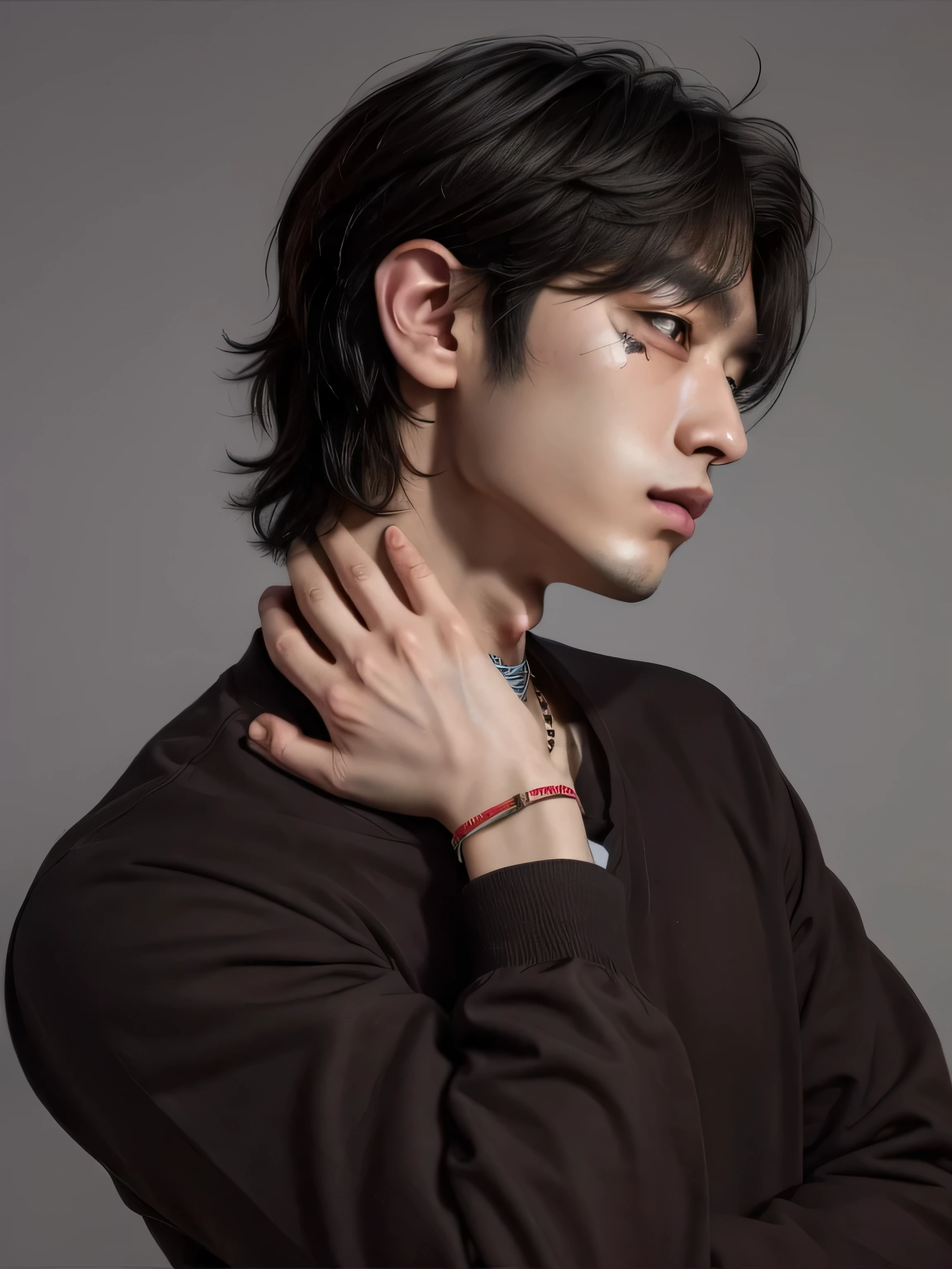 Hay un joven con una camisa negra y un collar, kim doyoung, jinyoung shin, hyung tae, kim taejin, taken in the early 2020s, Jung Jaehyun, jungkook, cai xukun, foto de perfil, headshot foto de perfiltura, hong junio hyung, con pelo corto, Shin Jeongho, foto de perfiltura, inspirado en jeonseok lee