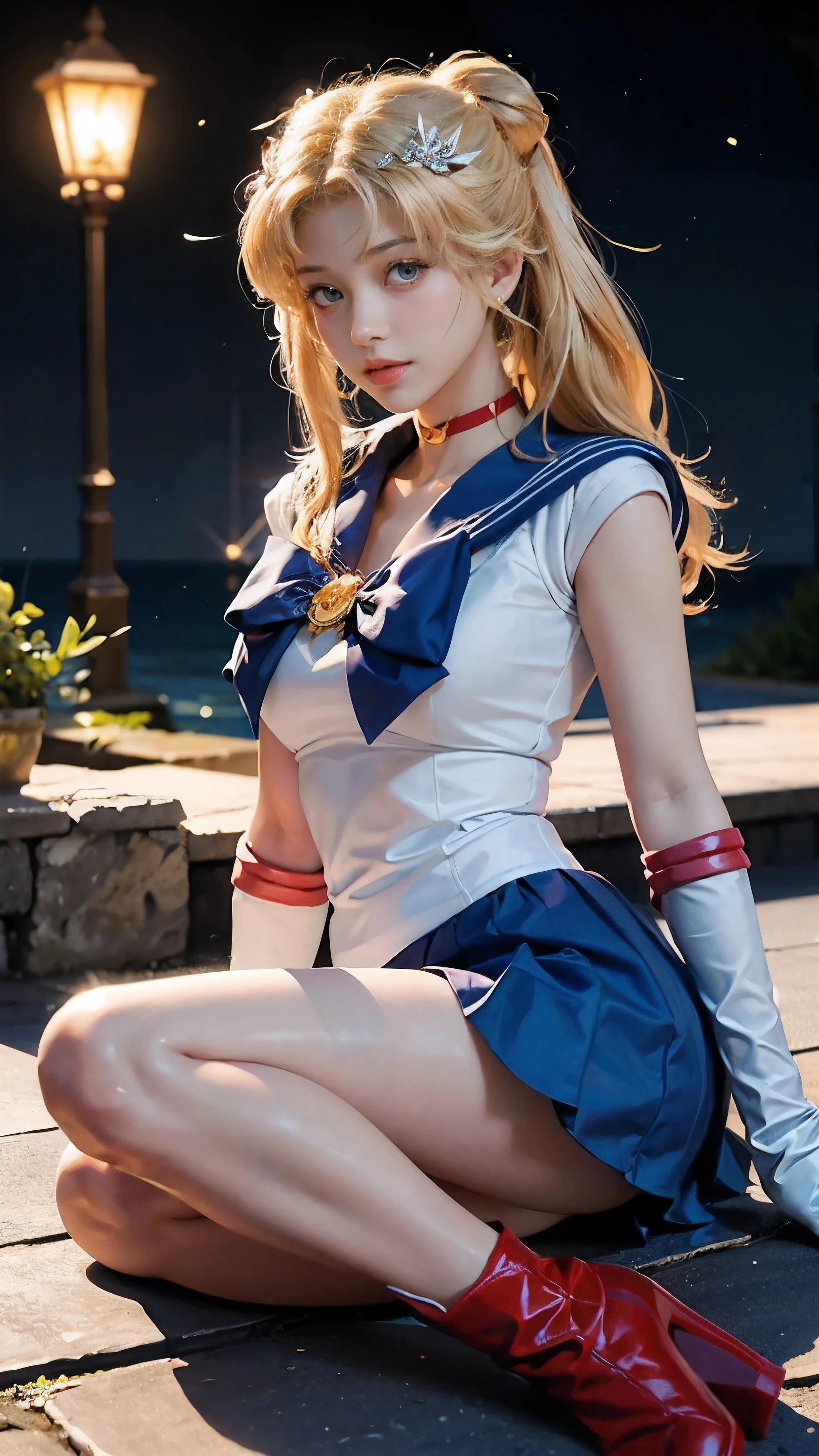NSFW,table top、full:1.3、stand、8k、。.3D、realistic、super micro photography、highest quality、Highly detailed CG unity 8k wallpapers、from below、intricate details、(1 female)、28 years old、(sailor moon:1.uper Bishoujo Senshi sailor moon Mer1、Nether Warm Wind,land、sailor warrior uniform Sailor:1.5、sailor moon:1.5,Eternal sailor moon)、(Incredibly long and bright blonde pigtails:1.4、thin and very long straight twin tail blonde, bun hair、bun hair用の赤い丸い髪飾り)、((sailor warrior uniform、sailor color,pray miniskirt:1.5、Glossy pleated mini skirt:1.3、big red ribbon on the chest,,,,,、white long latex gloves,red gloves on the elbows、A gorgeous golden tiara on the forehead、ear nipple rings,Gorgeous Golden Jewels))、Extremely thin and fitted high gloss white holographic leather、High-gloss white latex high-leg swimsuit that shines like oil,(facial details:1.5、bright blue eyes、Beautifull expression、beautidfull eyes、Iris overview, shining eyes、thin唇:1.5、thin and sharp pale eyebrows,、long and thick eyelashes、double eyelashes、thin, thin and muscular,,,、small face、tall and big breasts、perfect proportions、big breasts thin waist、sexy model posing、dynamic pose,visible pores、enchanting smile、perfect hands:1.5、octane rendering、very dramatic picture、(moonの神性,space background、moon明かりの光線、moon、dynamic background、exquisite light and shadow、dynamic angle、detailed background),strong natural light、sunlight、Digital single-lens reflex camera、sharp focus: 1.0、maximum clarity and sharpness