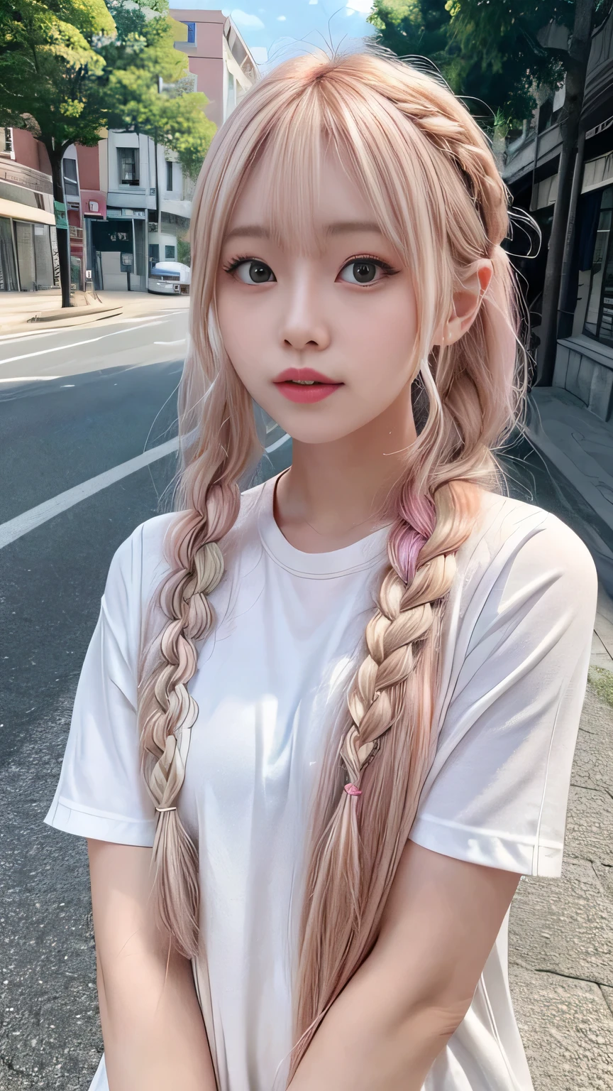 Pale, tanned skin、Sunburn marks on tanned skin、Multicolored Hair、Pink Hair,blonde,Platinum Hair,Brown Hair、A cute 20-year-old girl with a cute look, A strong wind blows my hair in front of my face、beautiful long blonde braided hair、beautiful, Cute eyes hidden by long bangs、Yawn、Double teeth、No visible nasolabial folds、