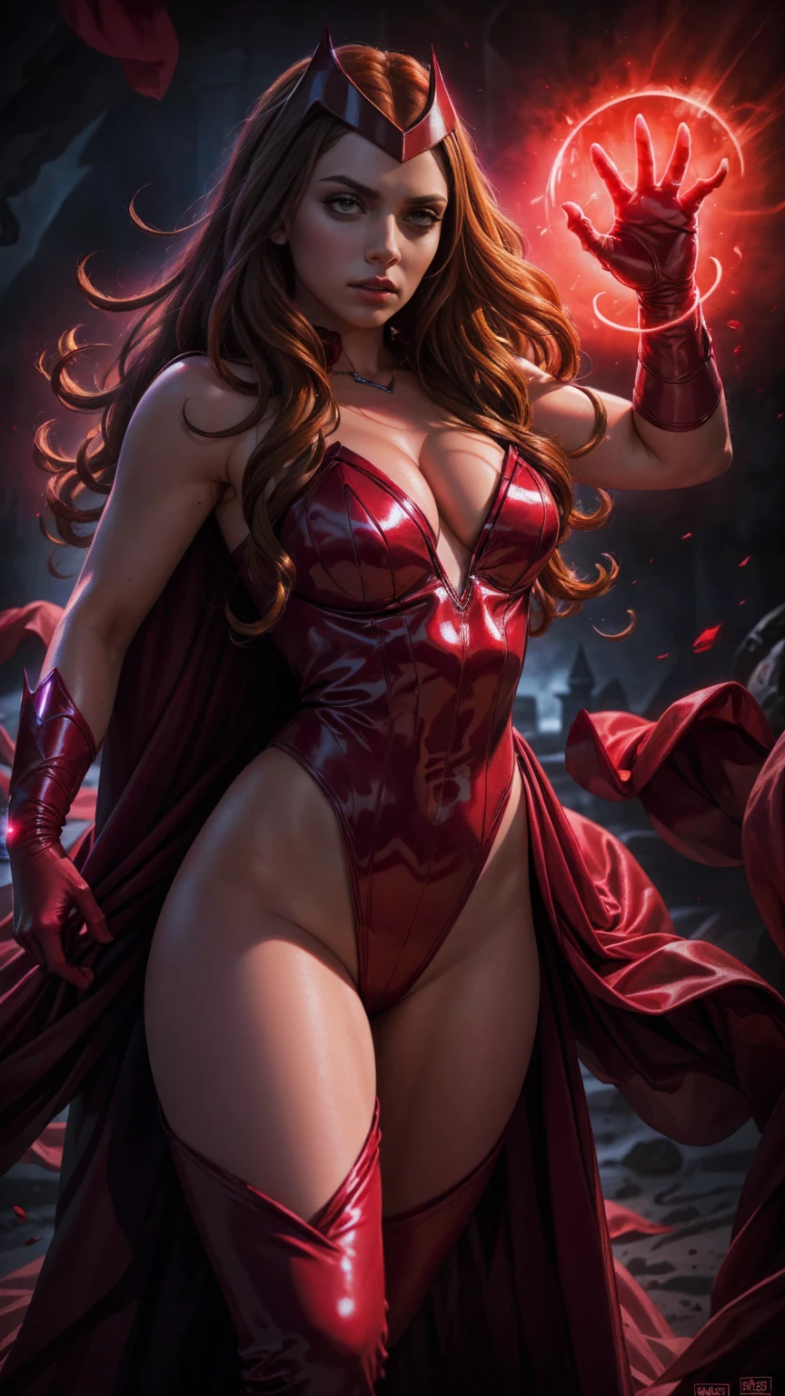 best quality,ultra-detailed,realistic,sexy scarlet witch,beautiful detailed eyes, beautiful detailed lips, long red hair, witch costume, glowing magical powers, intense gaze, confident posture, dark and mysterious background, vibrant colors, enchanting art style, dramatic lighting