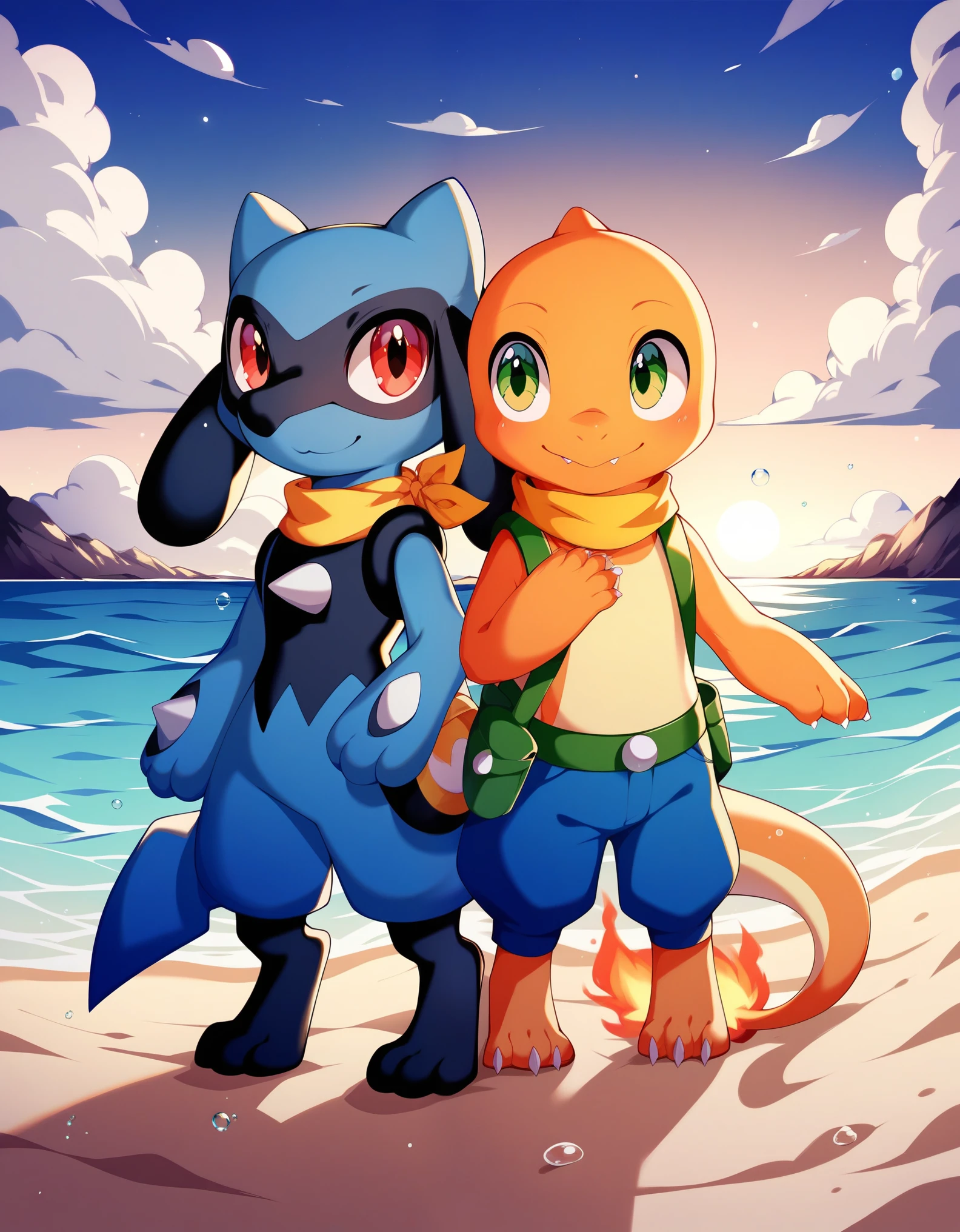 score_9, score_8_up, score_7, score_6_up, rating_safe,,  chibi feral (duo charmander riolu:1.3), smile, yellow scarf, fanny pack, standing, pants, red eyes, (green eyes), (three-quarter portrait, three-quarter view), BREAK, (bubble, air bubble, bokeh), beach, sunset, night, cloud, foggy, masterpiece, best quality, light, 