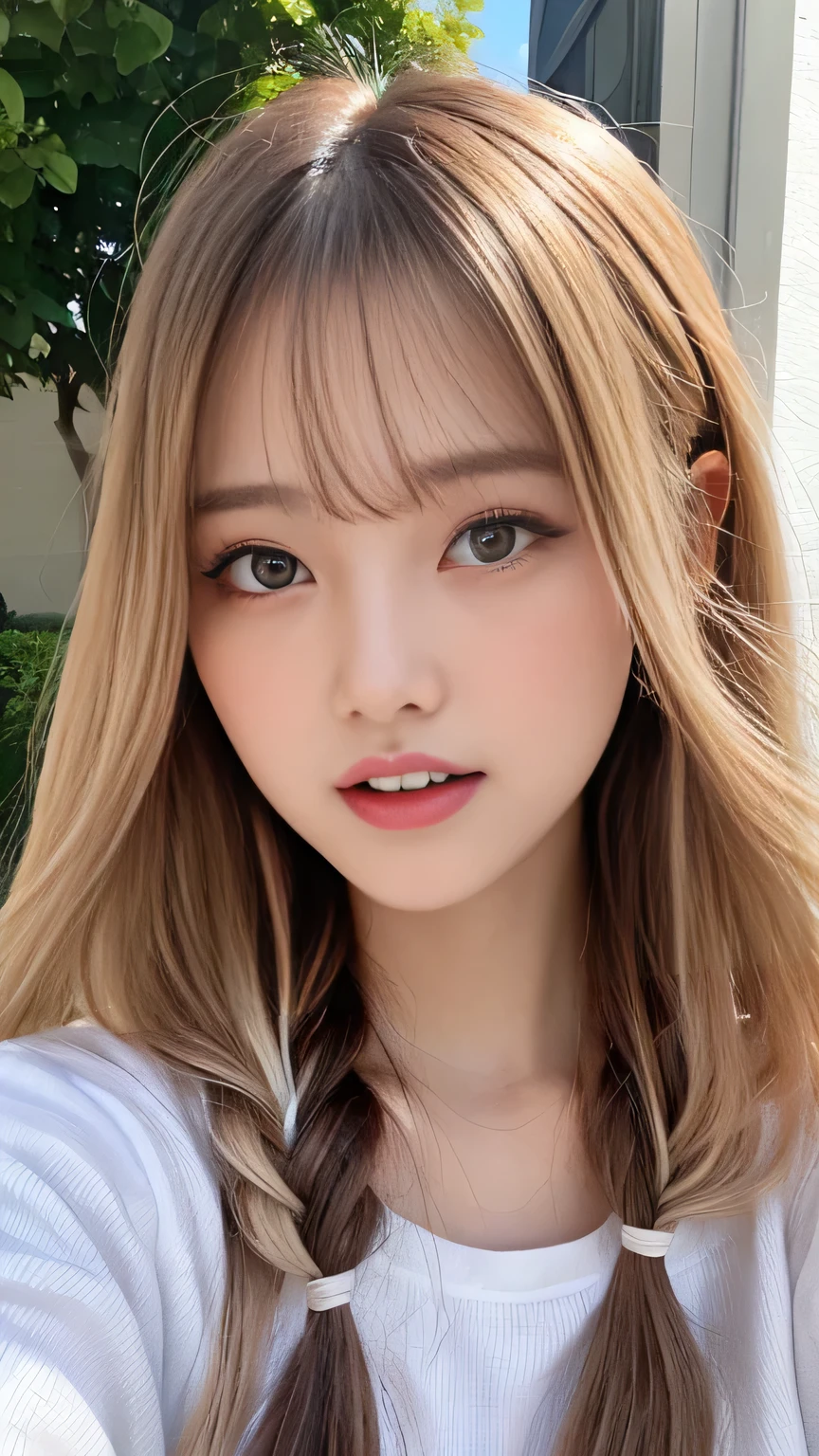 Pale, tanned skin、Sunburn marks on tanned skin、Multicolored Hair、Pink Hair,blonde,Platinum Hair,Brown Hair、A cute 20-year-old girl with a cute look, A strong wind blows my hair in front of my face、beautiful long blonde braided hair、beautiful, Cute eyes hidden by long bangs、Yawn、Double teeth、No visible nasolabial folds、