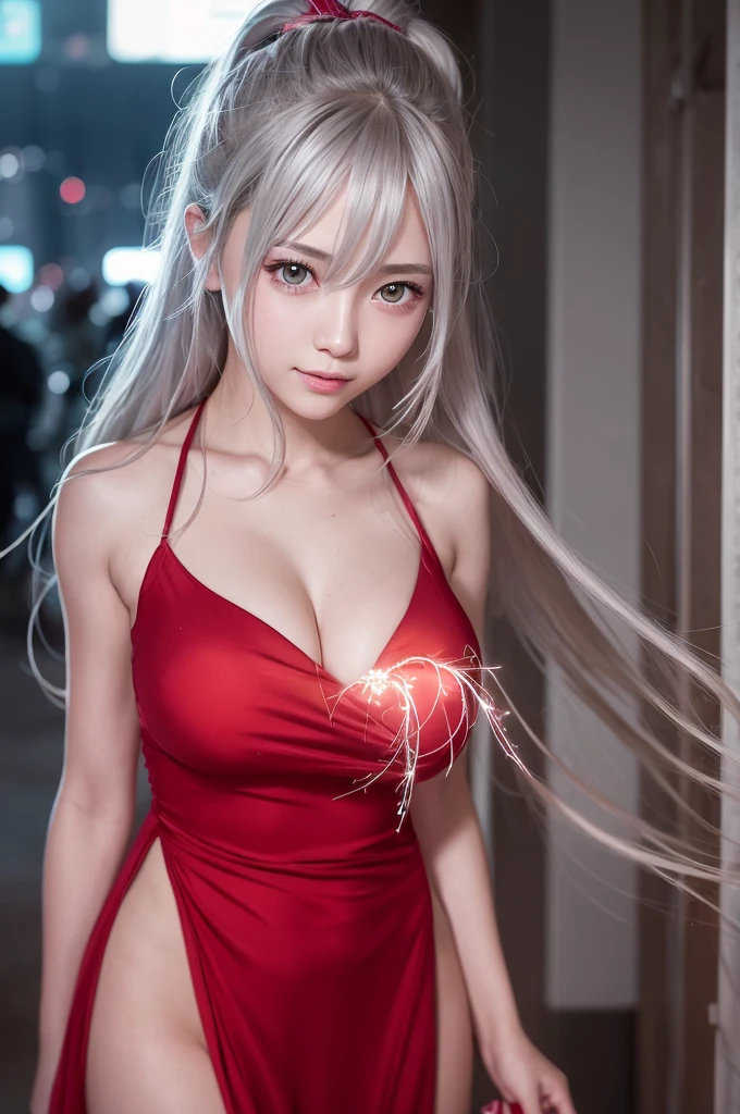 highest quality、8k Masterpiece、超A high resolution、(Photorealistic:1.3)、RAW Photos、1 girl、Silvery white hair、Glowing Skin、1. Super-beautiful Cyberpunk Soldiers、((Ultra-Realistic Details))、Portrait、Global Illumination、Shadow、Octane Rendering、8k、Super sharp、Beautiful breasts、Metal、Cold colors、、Very intricate details、Realistic Light、CGSoation Trend、Beautiful Eyes、Shining Eyes、To the camera、Neon Details、20age、Too beautiful face、Intelligence、Obscene、Sexy、Moe、smile、Red beautiful sexy long dress、whole body、Healthy Body、The background is the red-light district at night、Love Ponytail、Long Hair、