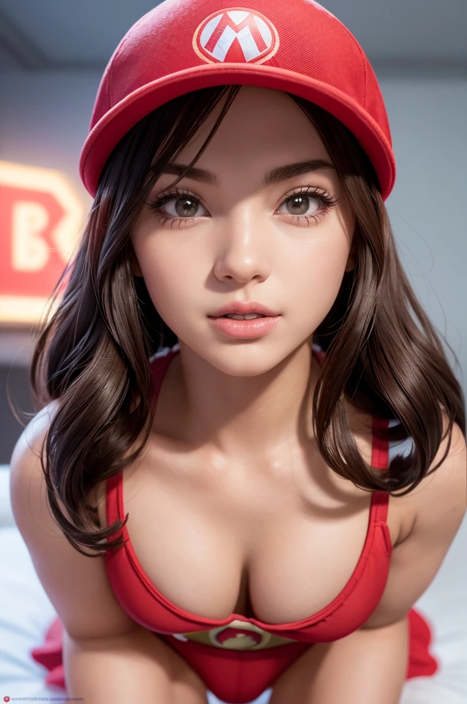 a woman with super Mario hat, wearing a super Mario costume, cute pose, detailed face, detailed body, red panty, detailed outfit (reality: 1.4), (A hyper-realistic), (high resolution), (8K), (highly detailed), ( Best Illustration), (detailed eyes), (ultra-detailliert), Bright lighting, Professional Lighting, scary face.