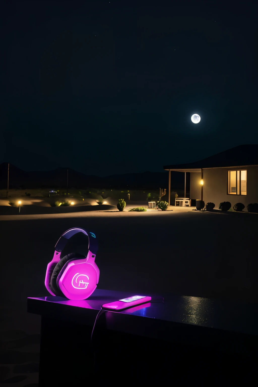Photo in the desert, dark night scene with dark blue lighting. The photo shows a modern black headset ablaze with neon lighting on a charging dock. Next to the speaker is a modern phone displaying the music app with a neon music player theme. The background includes a gradually dark blue sky with the moon and some faint night blue lights on the horizon. On the sand, there is a pink rose