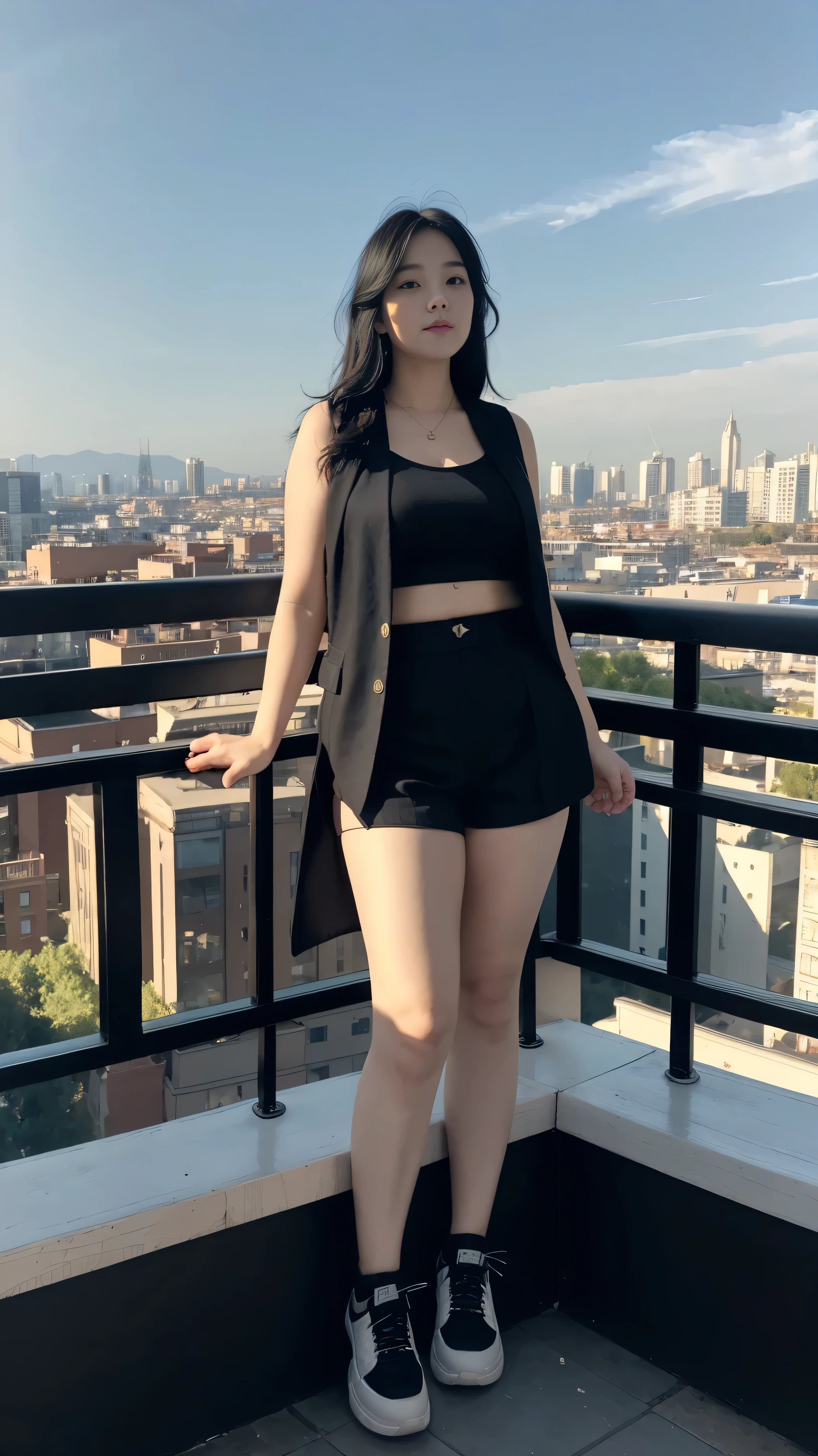 Chubby girl,Wear a black cropped waistcoat,shorts,long black hair,standing on the balcony,Beautiful sky,There is a city,daytime,16K, 8K