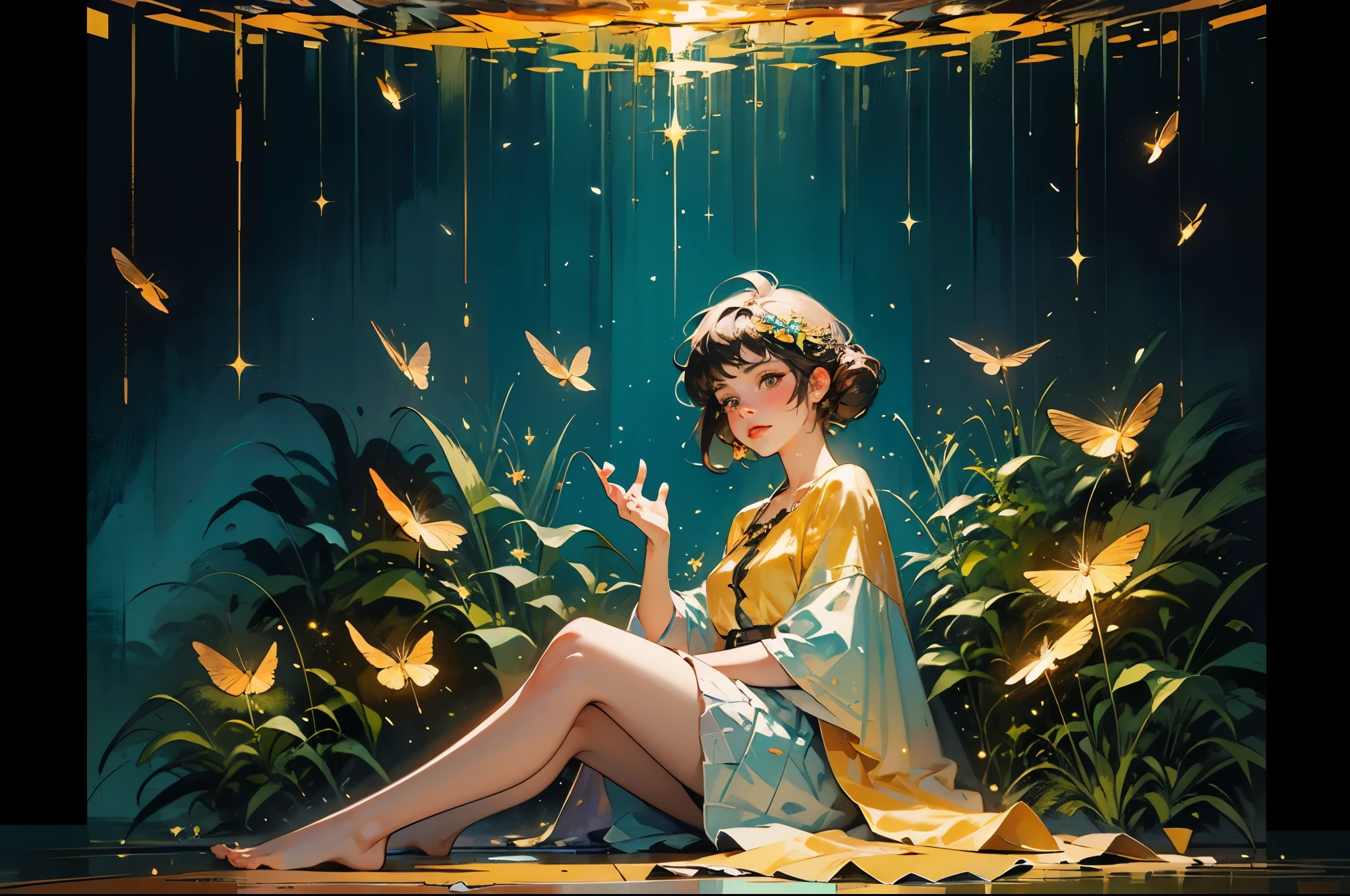 Three-dimensional oil painting on a rough canvas in the complex technique of a palette knife and wide smears patterns. digital painting Portrait of a lovely young woman with hands transforming Magic Fireflies, Translucent golden little Fireflies fly out of her hands, she is sitting on the floor, she is looking at you, breeze in the room, golden sparkles, dim lit simple background, concept art in complex mixed media 16K