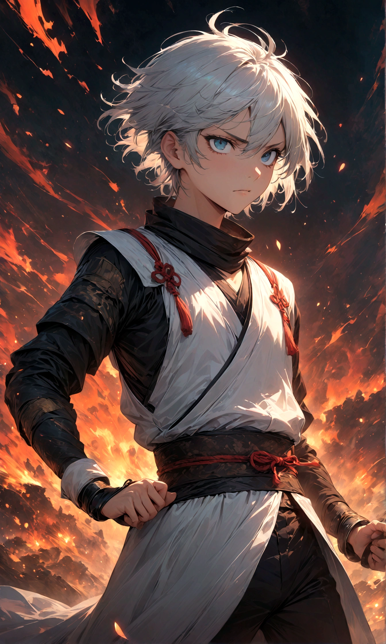 (1 male,gabimaru,Androgynous short hair,white hair,White ninja costume,Gabimaru is a slim androgynous man,beautiful,Droopy eyes,Dark circles under the eyes,Listless),Midori Ishida's painting style,Moderate dirt,Intricate details,,Decadent,artwork,rendering,,(masterpiece:1.3),(highest quality:1.4),(Super detailed:1.5),High resolution,Very detailed,unity 8k wallpaper,Dark fantasy,Glare,Fighting Style,BREAK,The ninja outfit that Gabimaru is wearing is white.,The collar and cuffs are black.