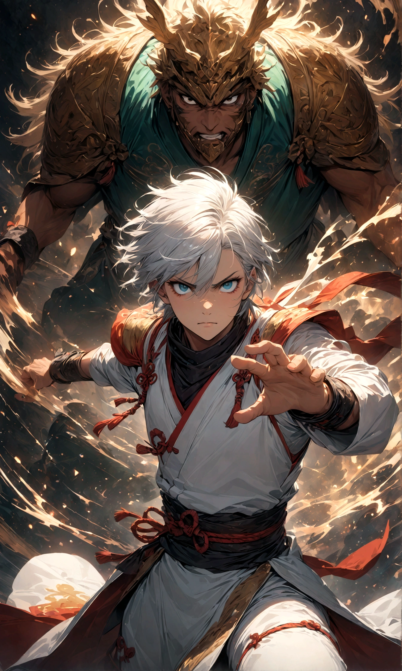(1 male,gabimaru,Androgynous short hair,white hair,White ninja costume,Gabimaru is a slim androgynous man,beautiful,Droopy eyes,Dark circles under the eyes,Listless),Midori Ishida's painting style,Moderate dirt,Intricate details,,Decadent,artwork,rendering,,(masterpiece:1.3),(highest quality:1.4),(Super detailed:1.5),High resolution,Very detailed,unity 8k wallpaper,Dark fantasy,Glare,Fighting Style,BREAK,The ninja outfit that Gabimaru is wearing is white.,The collar and cuffs are black.
