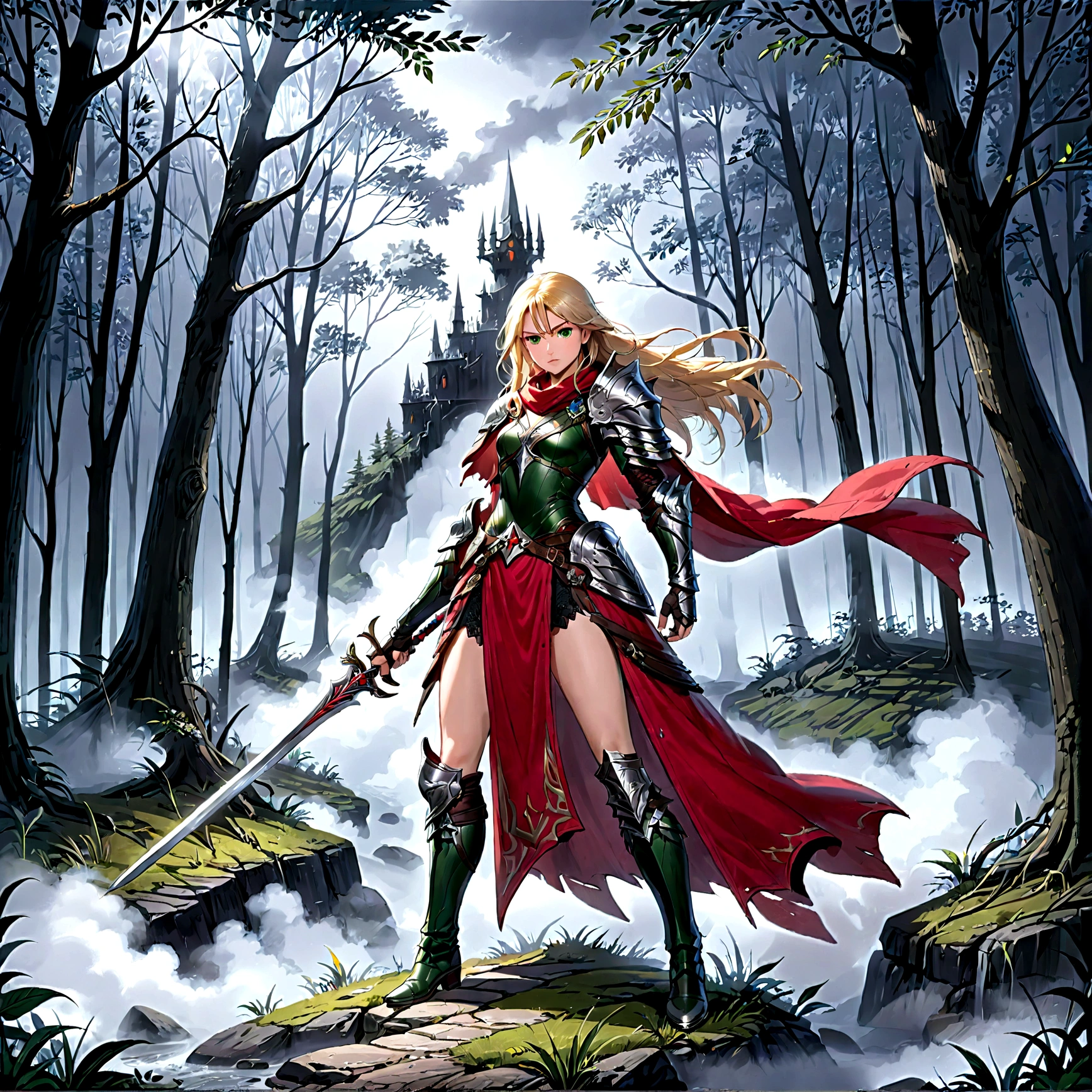fantasy art, RPG art, Dark fantasy art, ultra wide shot, RAW, photorealistic, a picture of (1single: 1.5) female human ranger, the ranger, an exquisite beautiful human woman, long blond hair, braided hair, green eyes, wearing leather armor, wearing (red cloak: 1.1), armed with a (sword: 1.3), wearing laced boots, standing in a dark forest at night, (mist rising from the grounds: 1.3), a sense of dread and fear, yet she stands defiant and fearless, dark fantasy forest background, best quality, 16k, [ultra detailed], masterpiece, best quality, (ultra detailed), full body, ultra wide shot, photorealism, Sword and shield, 