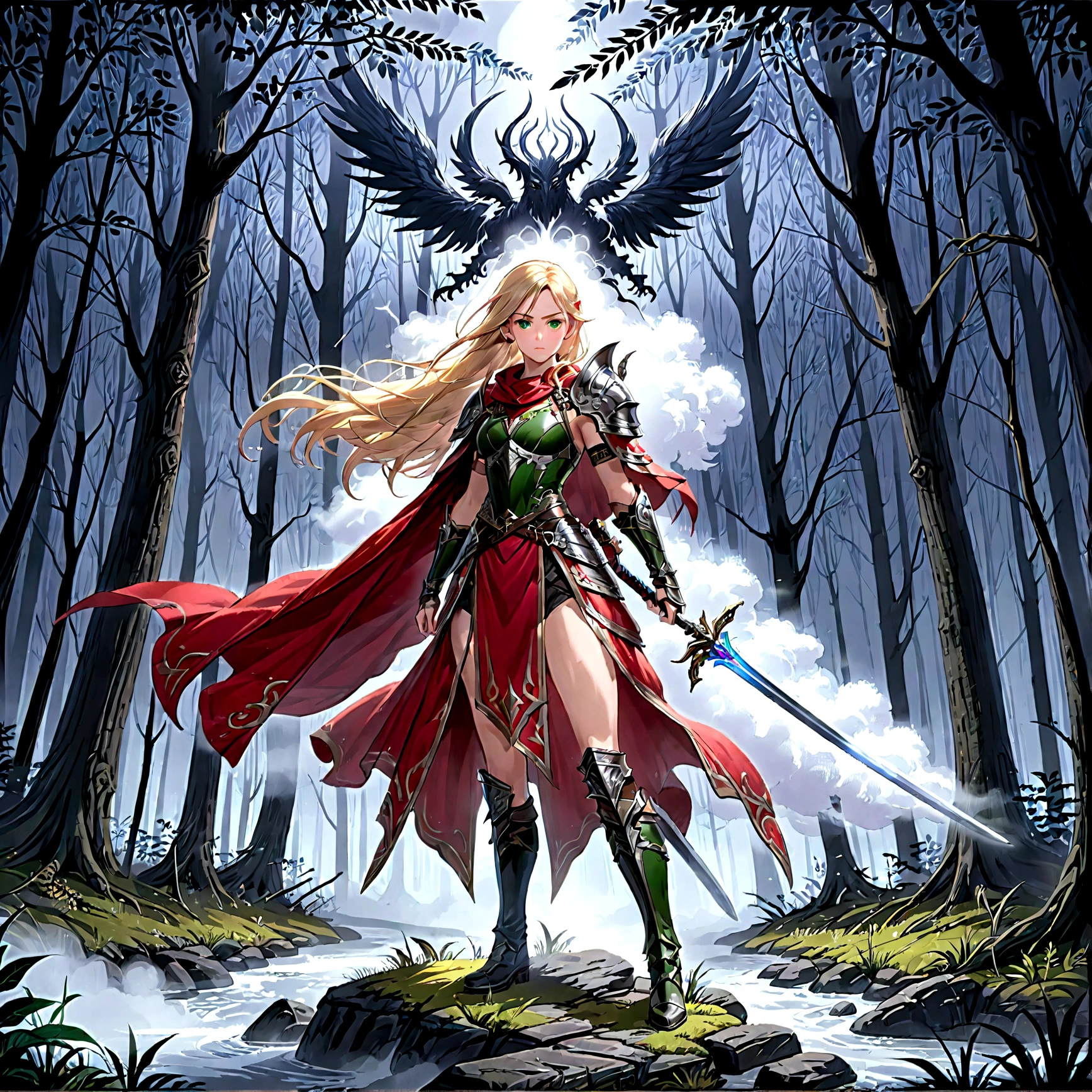 fantasy art, RPG art, Dark fantasy art, ultra wide shot, RAW, photorealistic, a picture of (1single: 1.5) female human ranger, the ranger, an exquisite beautiful human woman, long blond hair, braided hair, green eyes, wearing leather armor, wearing (red cloak: 1.1), armed with a (sword: 1.3), wearing laced boots, standing in a dark forest at night, (mist rising from the grounds: 1.3), a sense of dread and fear, yet she stands defiant and fearless, dark fantasy forest background, best quality, 16k, [ultra detailed], masterpiece, best quality, (ultra detailed), full body, ultra wide shot, photorealism, Sword and shield, 