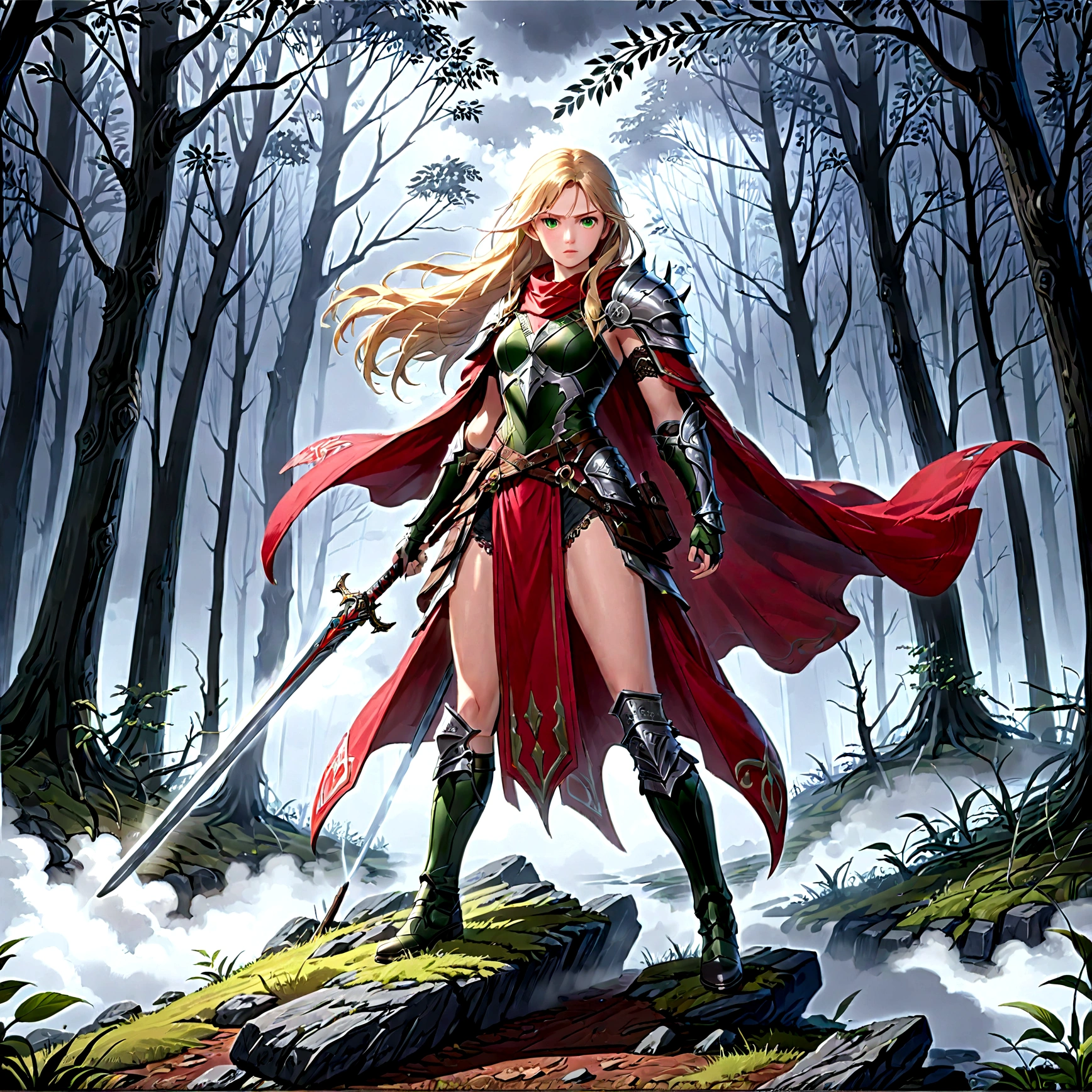 fantasy art, RPG art, Dark fantasy art, ultra wide shot, RAW, photorealistic, a picture of (1single: 1.5) female human ranger, the ranger, an exquisite beautiful human woman, long blond hair, braided hair, green eyes, wearing leather armor, wearing (red cloak: 1.1), armed with a (sword: 1.3), wearing laced boots, standing in a dark forest at night, (mist rising from the grounds: 1.3), a sense of dread and fear, yet she stands defiant and fearless, dark fantasy forest background, best quality, 16k, [ultra detailed], masterpiece, best quality, (ultra detailed), full body, ultra wide shot, photorealism, Sword and shield, 