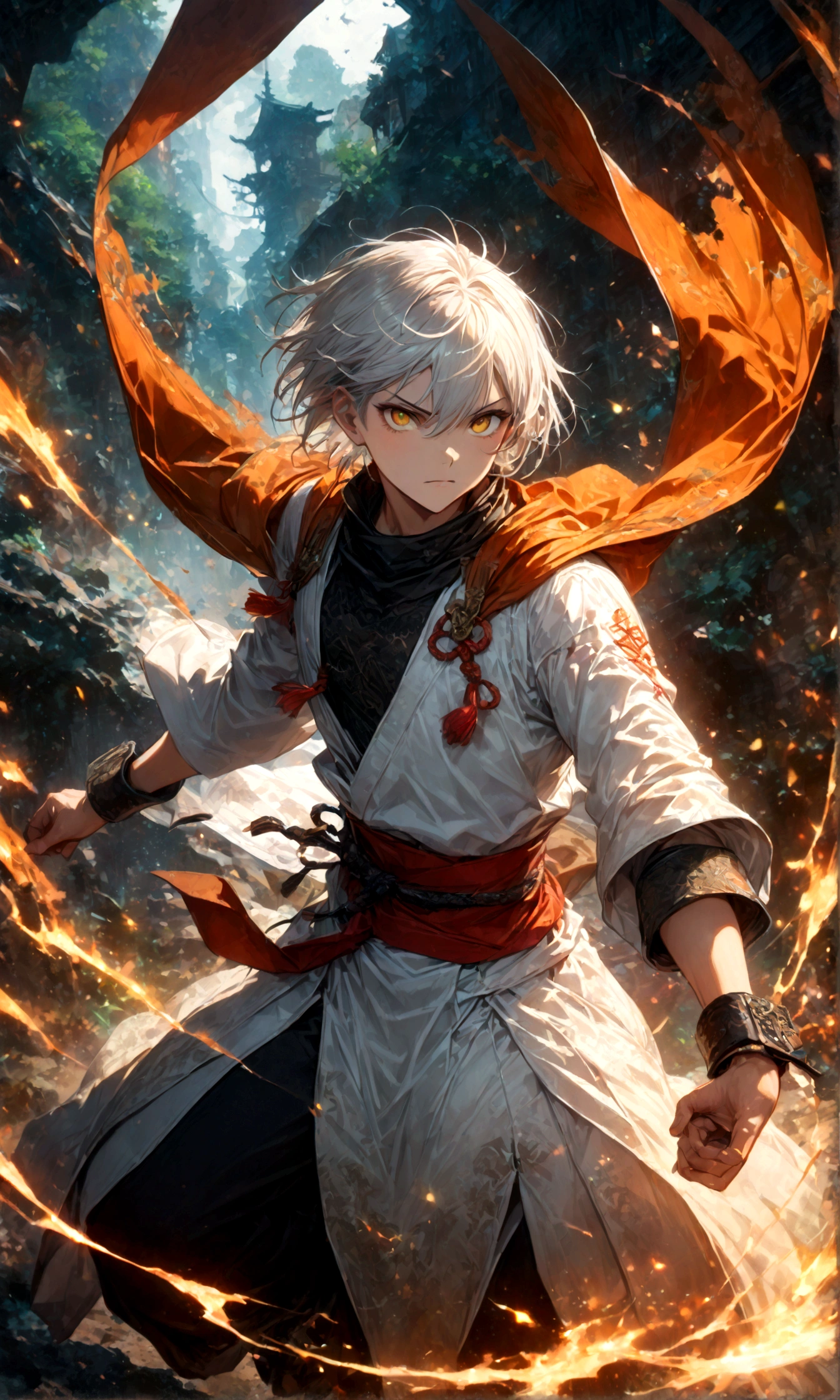 (1 male,gabimaru,Androgynous short hair,white hair,White ninja costume,Gabimaru is a slim androgynous man,beautiful,Listless,Droopy eyes,Yellow Eyes),Midori Ishida's painting style,Moderate dirt,Intricate details,,Decadent,artwork,rendering,(masterpiece:1.3),(highest quality:1.4),(Super detailed:1.5),High resolution,Very detailed,unity 8k wallpaper,Dark fantasy,Glare,Fighting Style,BREAK,The ninja outfit that Gabimaru is wearing is white.,The collar and cuffs are black.