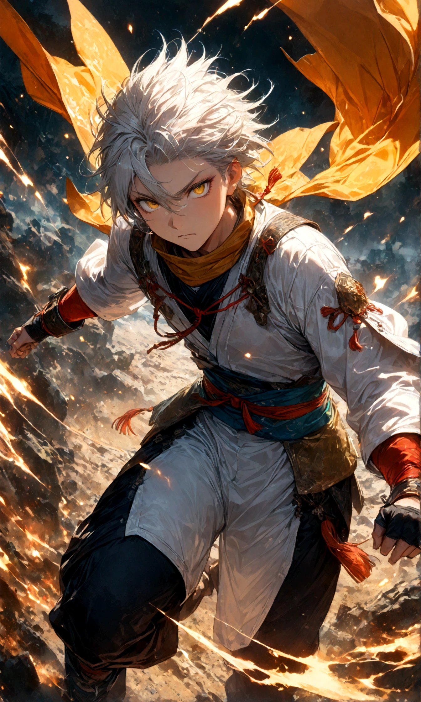 (1 male,gabimaru,Androgynous short hair,white hair,White ninja costume,Gabimaru is a slim androgynous man,beautiful,Listless,Droopy eyes,Yellow Eyes),Midori Ishida's painting style,Moderate dirt,Intricate details,,Decadent,artwork,rendering,(masterpiece:1.3),(highest quality:1.4),(Super detailed:1.5),High resolution,Very detailed,unity 8k wallpaper,Dark fantasy,Glare,Fighting Style,BREAK,The ninja outfit that Gabimaru is wearing is white.,The collar and cuffs are black.