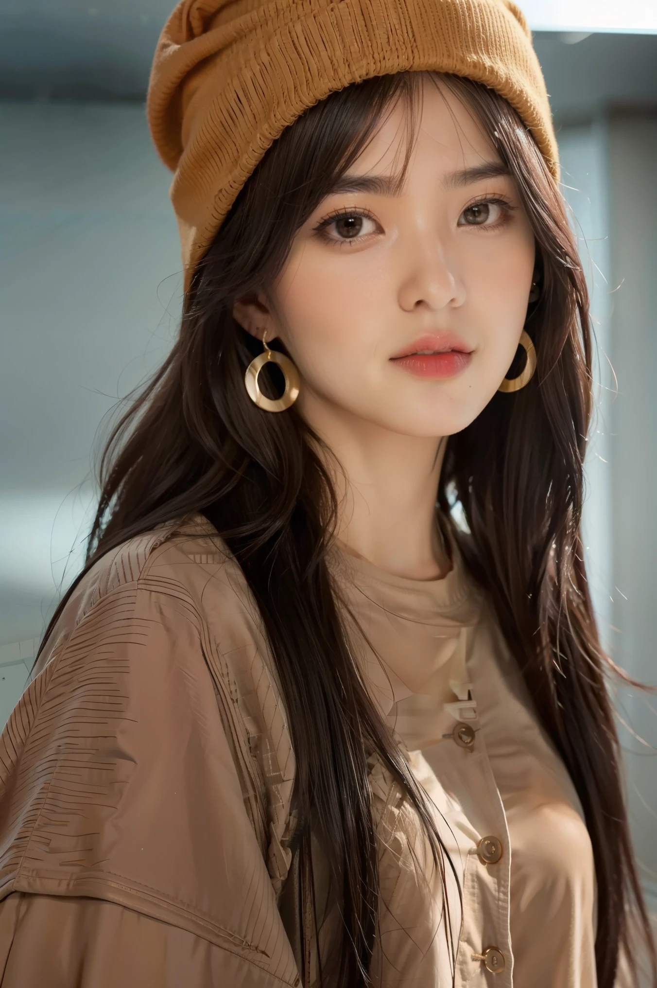 1girl, solo, long hair, black hair, written clothes, brown eyes, looking at the viewer, beanie, lips, upper body, closed mouth, shirt, earrings, https://i.postimg.cc/tCDfNDvp/Screenshot-20230606-212445.png