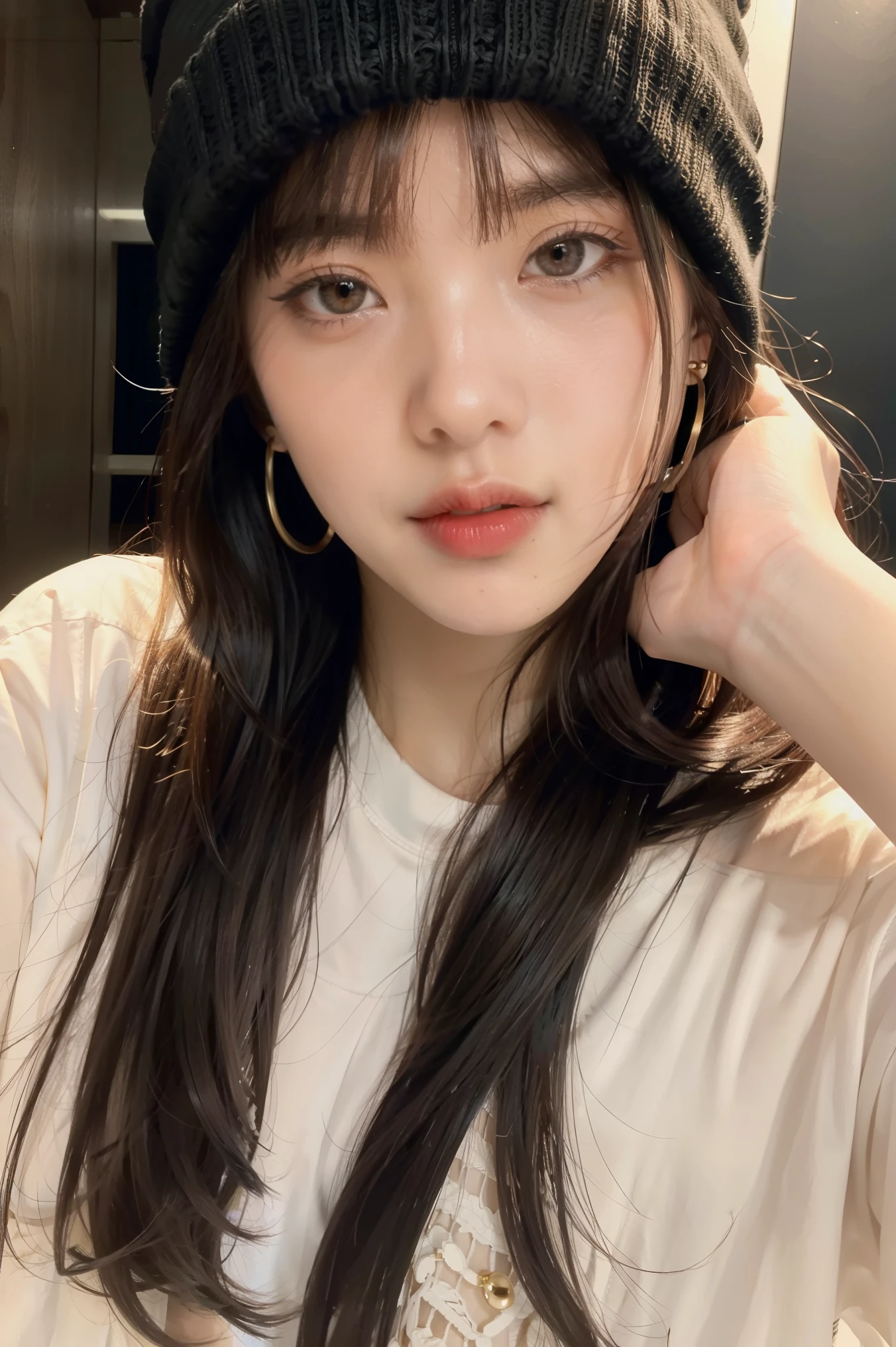 1girl, solo, long hair, black hair, written clothes, brown eyes, looking at the viewer, beanie, lips, upper body, closed mouth, shirt, earrings, https://i.postimg.cc/tCDfNDvp/Screenshot-20230606-212445.png