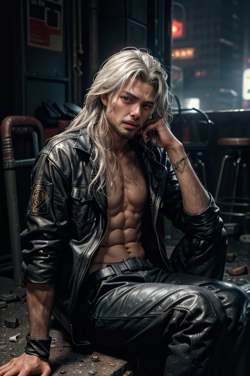 There is a hidden, dark and dirty corner in the center of the bustling and futuristic city. In the midst of this chaos, you can find an adult man sitting on the floor in this abandoned part of the metropolis. His surroundings are damp and dirty, but his appearance is in stark contrast to that. The man has a striking appearance, he has a swarthy and very realistic skin. Thanks to the backlight, you can see every part of his skin, which reveals the smallest pores, giving his complexion an almost surreal texture. His long silver hair is disheveled, creating a sharp contrast between his exquisite outfit and the current circumstances. Blue eyes.