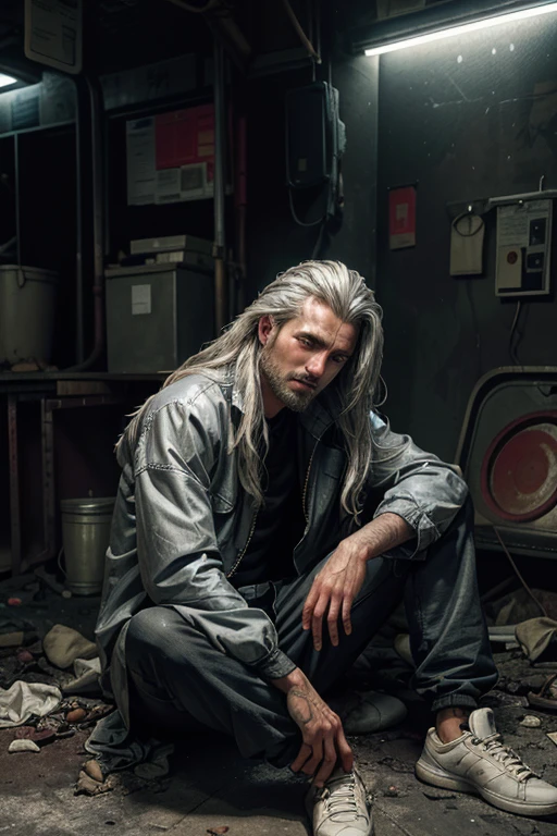 There is a hidden, dark and dirty corner in the center of the bustling and futuristic city. In the midst of this chaos, you can find an adult man sitting on the floor in this abandoned part of the metropolis. His surroundings are damp and dirty, but his appearance is in stark contrast to that. The man has a striking appearance, he has a swarthy and very realistic skin. Thanks to the backlight, you can see every part of his skin, which reveals the smallest pores, giving his complexion an almost surreal texture. His long silver hair is disheveled, creating a sharp contrast between his exquisite outfit and the current circumstances. Blue eyes.