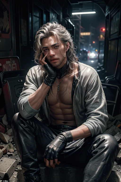 There is a hidden, dark and dirty corner in the center of the bustling and futuristic city. In the midst of this chaos, you can find an adult man sitting on the floor in this abandoned part of the metropolis. His surroundings are damp and dirty, but his appearance is in stark contrast to that. The man has a striking appearance, he has a swarthy and very realistic skin. Thanks to the backlight, you can see every part of his skin, which reveals the smallest pores, giving his complexion an almost surreal texture. His long silver hair is disheveled, creating a sharp contrast between his exquisite outfit and the current circumstances. Blue eyes.