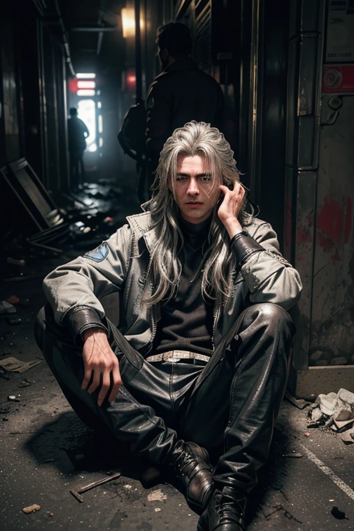 There is a hidden, dark and dirty corner in the center of the bustling and futuristic city. In the midst of this chaos, you can find an adult man sitting on the floor in this abandoned part of the metropolis. His surroundings are damp and dirty, but his appearance is in stark contrast to that. The man has a striking appearance, he has a swarthy and very realistic skin. Thanks to the backlight, you can see every part of his skin, which reveals the smallest pores, giving his complexion an almost surreal texture. His long silver hair is disheveled, creating a sharp contrast between his exquisite outfit and the current circumstances. Blue eyes.