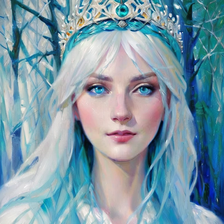 a oil painting rough textures, the princess of winter forest, white hair, blue eyes, she stares into our souls, simple smile, beautiful fantasy art portrait, beautiful character painting, beautiful art uhd 4k