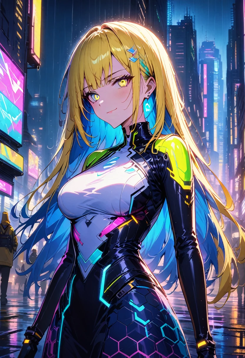 night, Colorful cyberpunk city background, rain, street, very long hair, (blue hair:1.75), (yellow hair hightlights:1.75), red bangs, yellow bangs, shining eyes, (multicolored eyes:1.5), blue eyes, yellow eyes, large breasts, colorful white jacket, futuristic jacket, (hexagon-pattern skirt:1.5), smug expression, smirk, black, backlight, glow, Find an audience, low angle shot, Looking up at the camera, perfect composition, Perfect light and shadow, 8K
