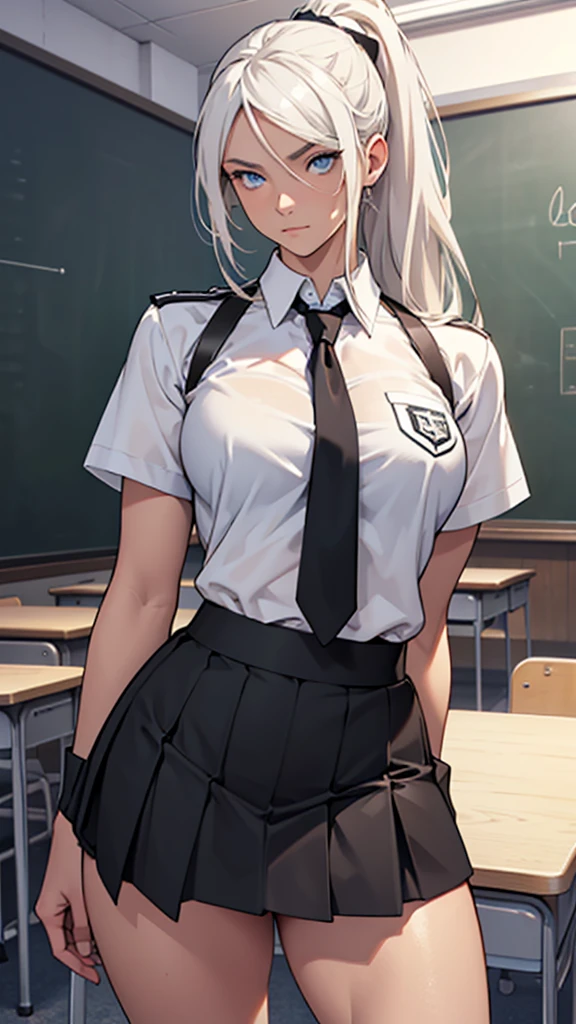 Beautiful girl in black going to high-school detailed muscles realistic masterpieces full figure pose (best quality,ultra-detailed), white-haired girl, blue eyes, high ponytail, fair skin, fit body, slim figure, narrow waist, large buttocks, (confident expression), uniform with midthigh length skirt and tie, high-school classroom on Earth