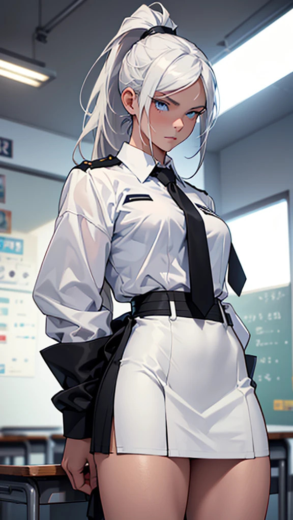 Beautiful girl in black going to high-school detailed muscles realistic masterpieces full figure pose (best quality,ultra-detailed), white-haired girl, blue eyes, high ponytail, fair skin, fit body, slim figure, narrow waist, large , (confident expression), uniform with midthigh length skirt and tie, high-school classroom on Earth