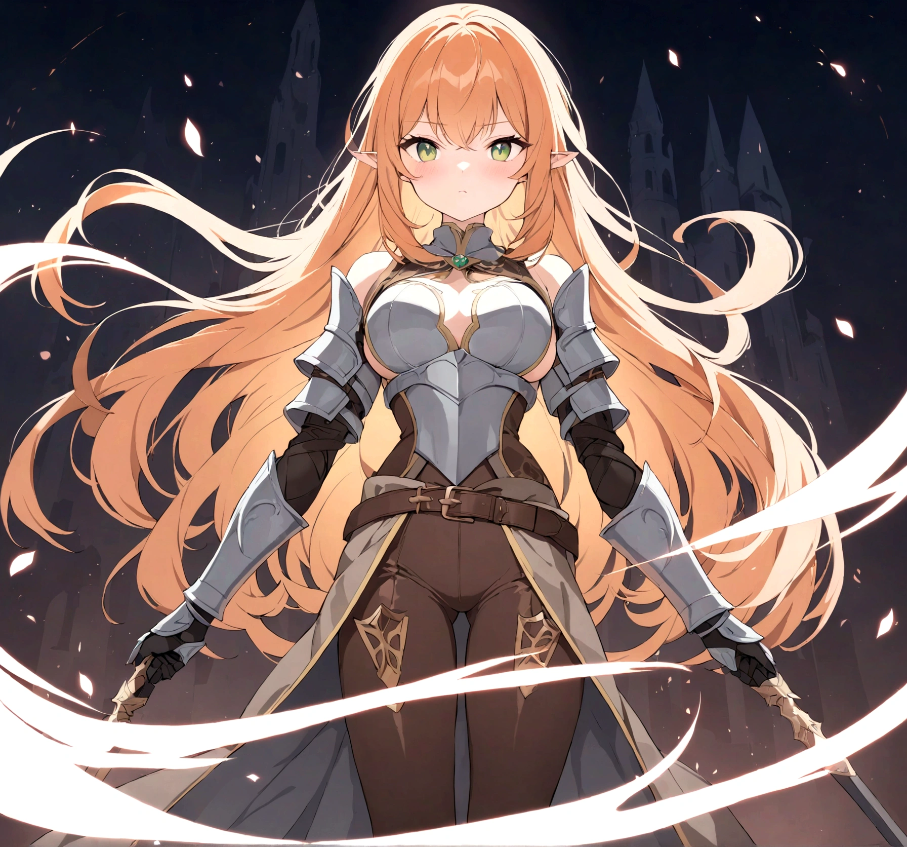 (1girl, Masterpiece, best quality) A young elf female with (long length intense orange hair and sharp side-swept fringe). Neutral, sligthly serious expression. Her attire includes a red cloak with yellow trim that covers a (medieval-style brown and gray armored chest piece). She has green eyes. She has a brown belt cinched around her waist and wears brown pants with armored greaves.
