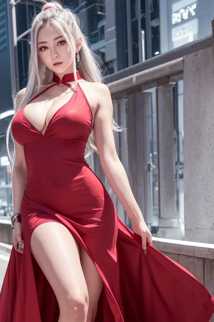 highest quality、8k Masterpiece、超A high resolution、(Photorealistic:1.3)、RAW Photos、1 girl、Silvery white hair、Glowing Skin、1. Super-beautiful Cyberpunk Soldiers、((Ultra-Realistic Details))、Portrait、Global Illumination、Shadow、Octane Rendering、8k、Super sharp、Beautiful breasts、Metal、Cold colors、、Very intricate details、Realistic Light、CGSoation Trend、Beautiful Eyes、Shining Eyes、To the camera、Neon Details、20age、Too beautiful face、Intelligence、Obscene、Sexy、Moe、smile、Red beautiful sexy long dress、whole body、Healthy Body、The background is the red-light district at night、love、ponytail